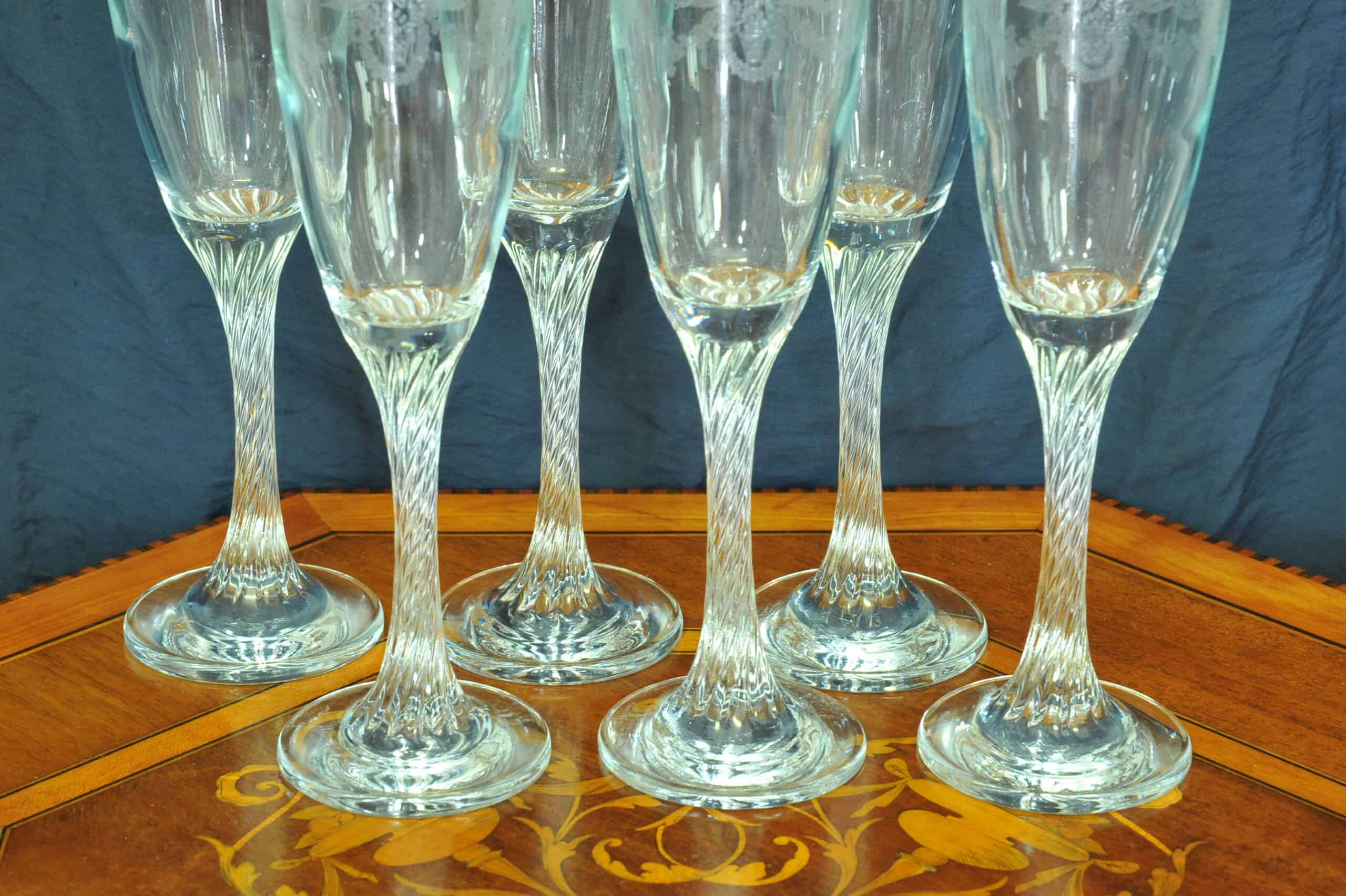 set of six vintage french gilt and twisted stem champagne flutes