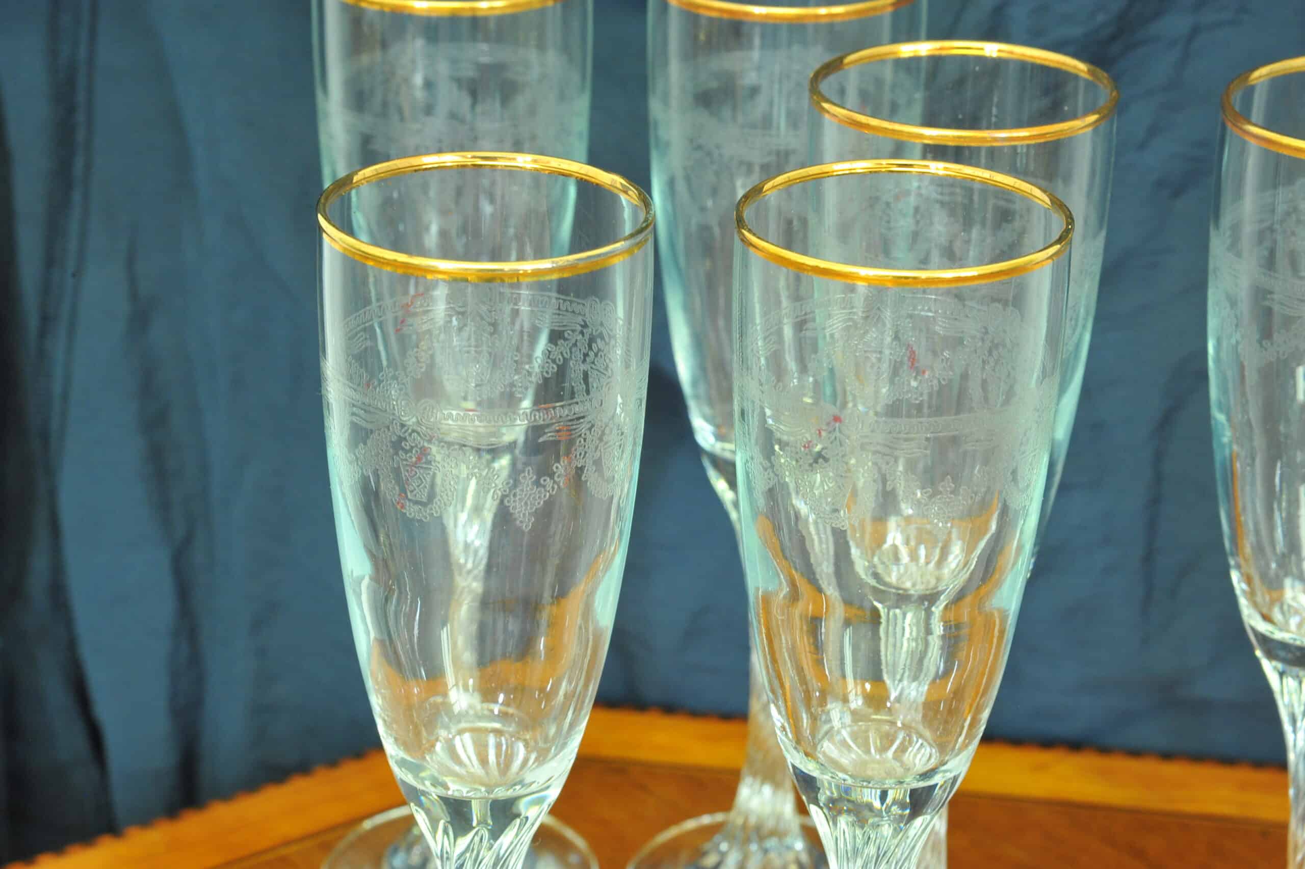 set of six vintage french gilt and twisted stem champagne flutes