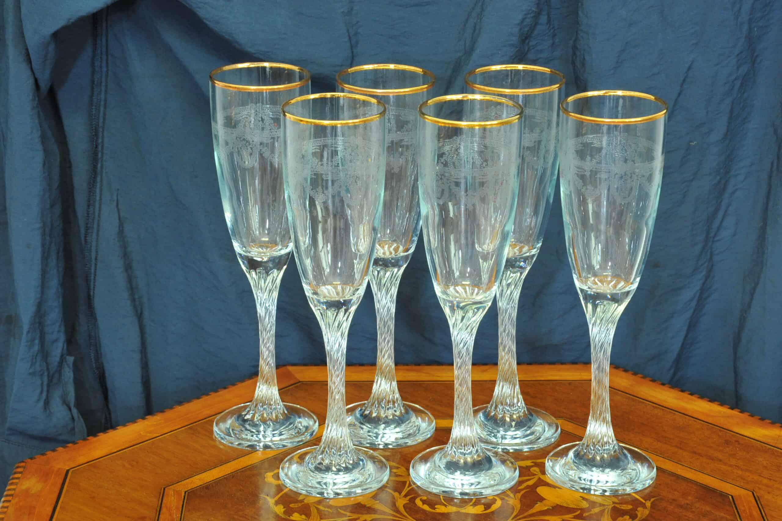 set of six vintage french gilt and twisted stem champagne flutes