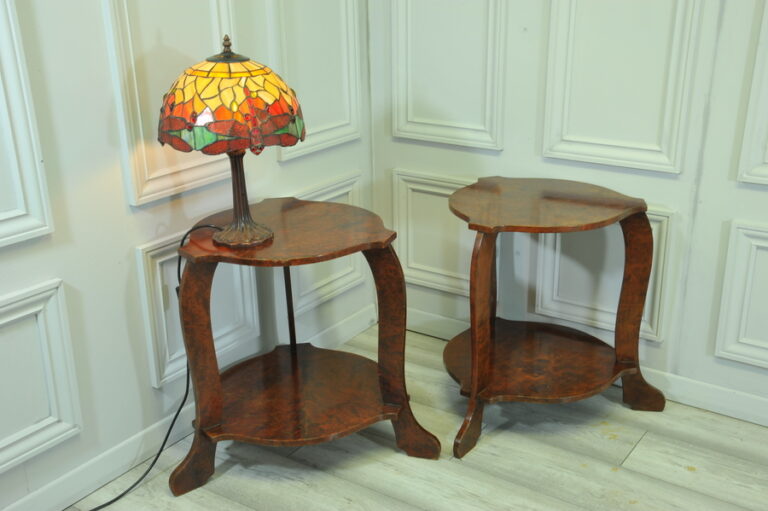 a pair of french art deco amboyna side bedside lamp drinks two tier tables