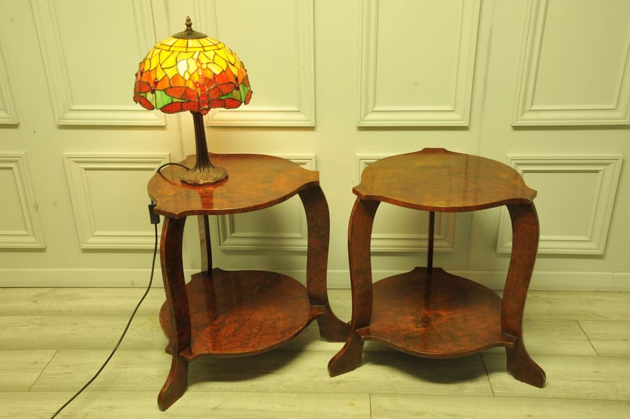 a pair of french art deco amboyna side bedside lamp drinks two tier tables