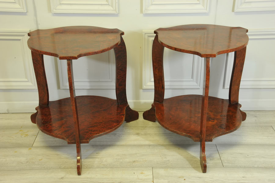 a pair of french art deco amboyna side bedside lamp drinks two tier tables