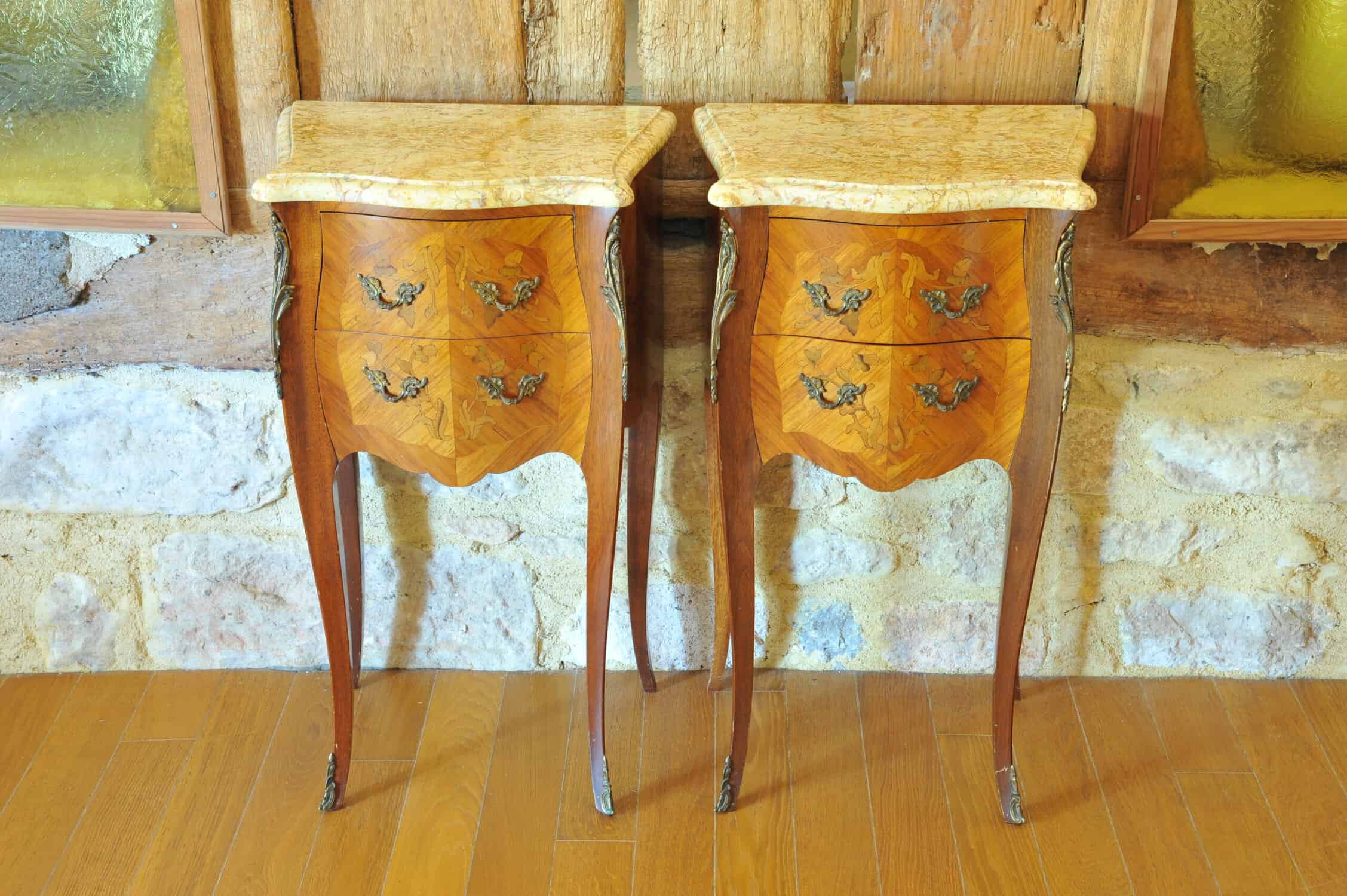 beautiful pair of vintage mid c louis xv style marble top side cabinets