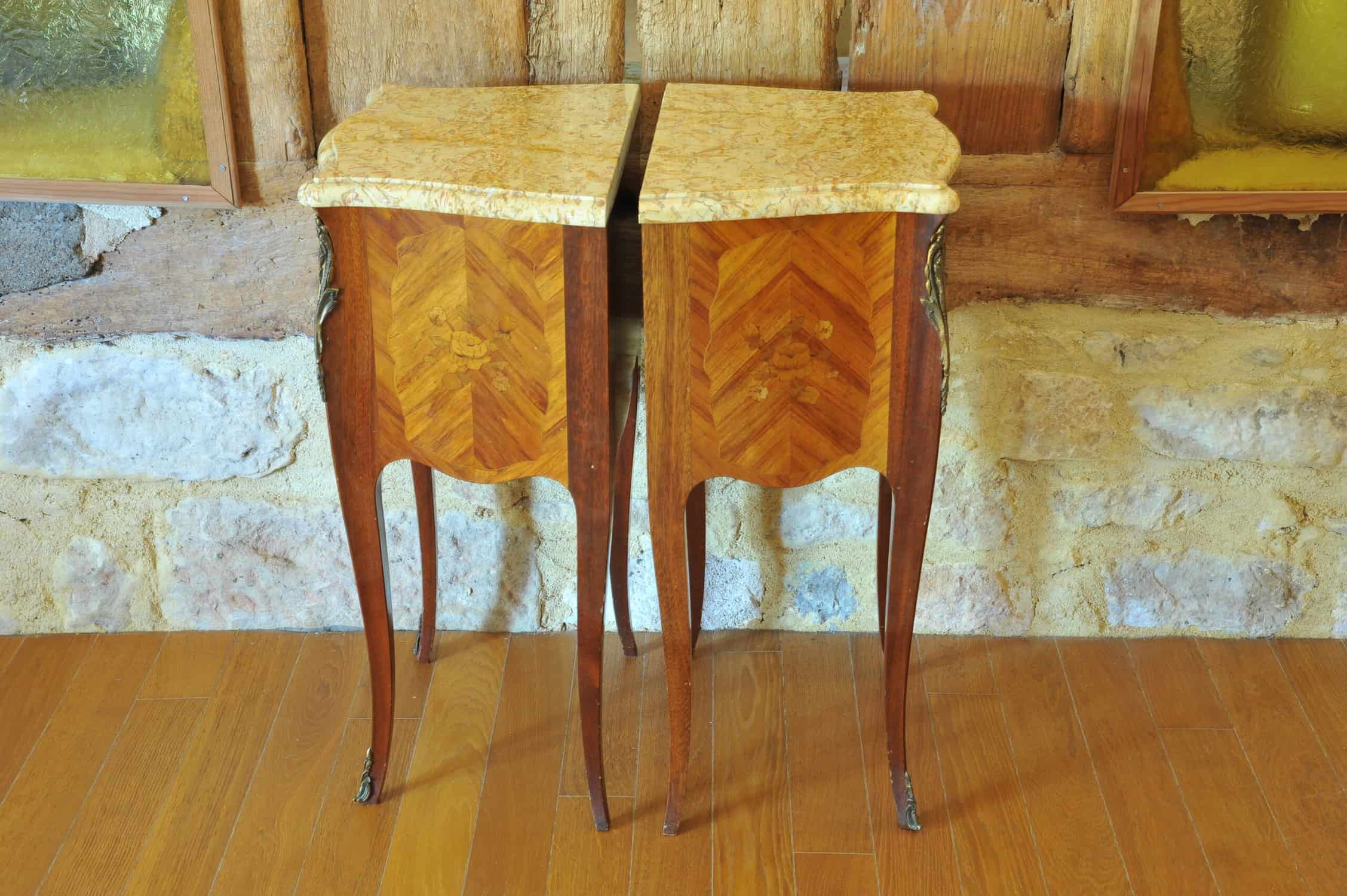 beautiful pair of vintage mid c louis xv style marble top side cabinets