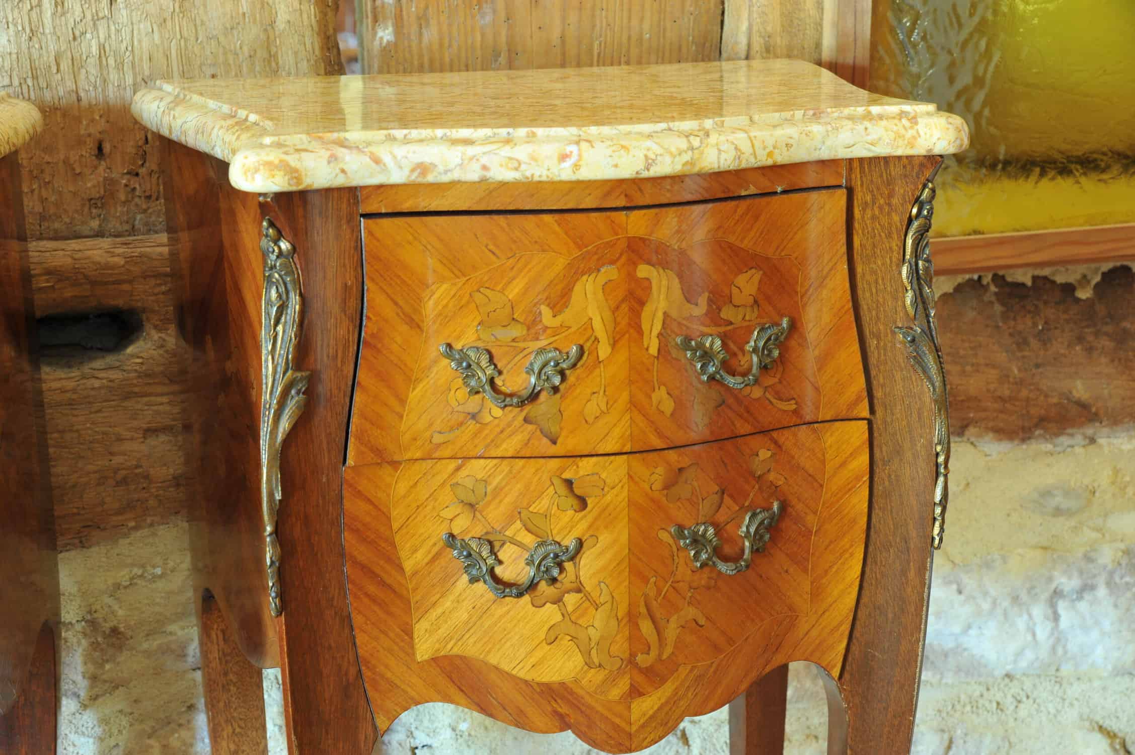 beautiful pair of vintage mid c louis xv style marble top side cabinets