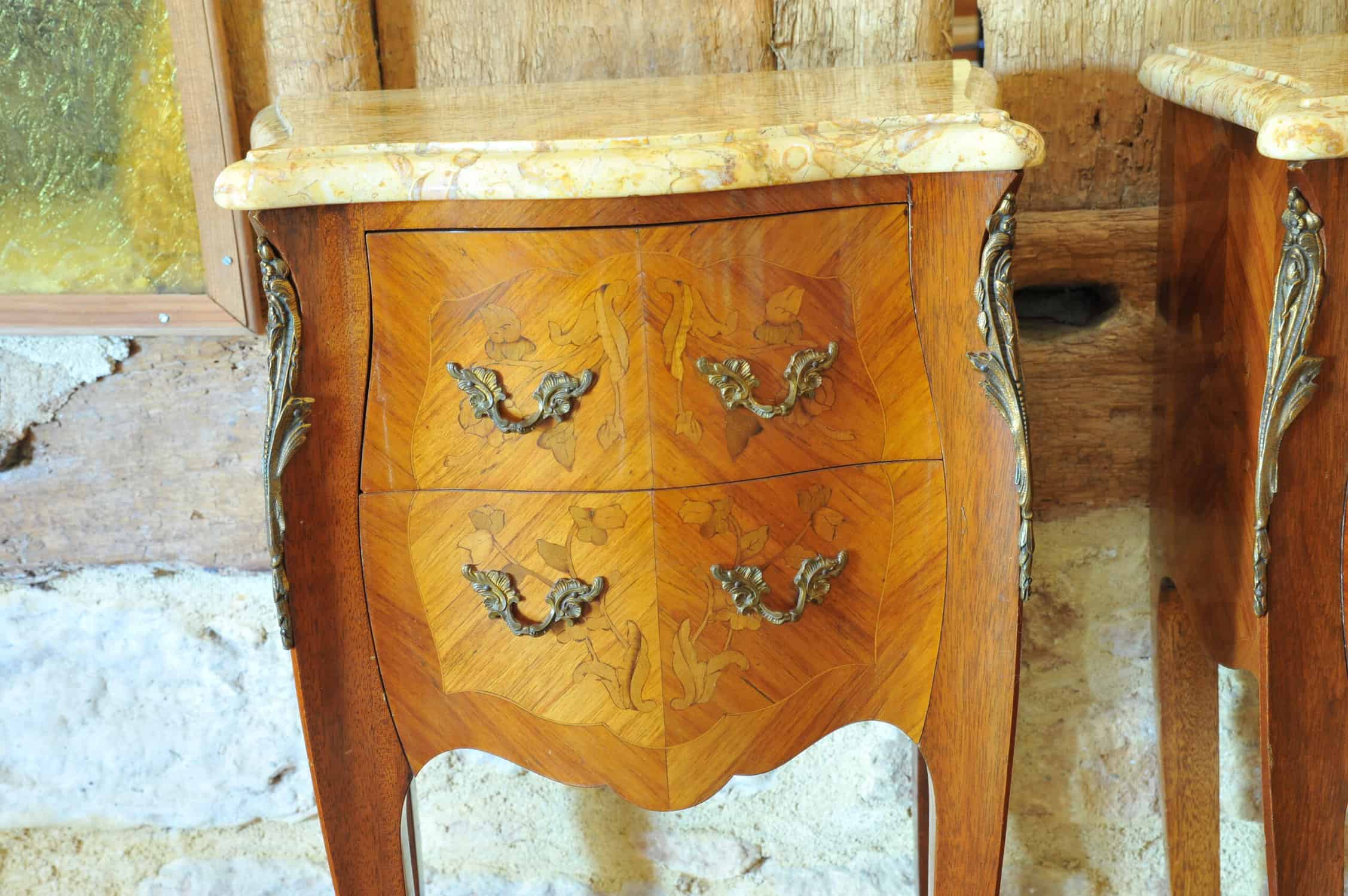 beautiful pair of vintage mid c louis xv style marble top side cabinets