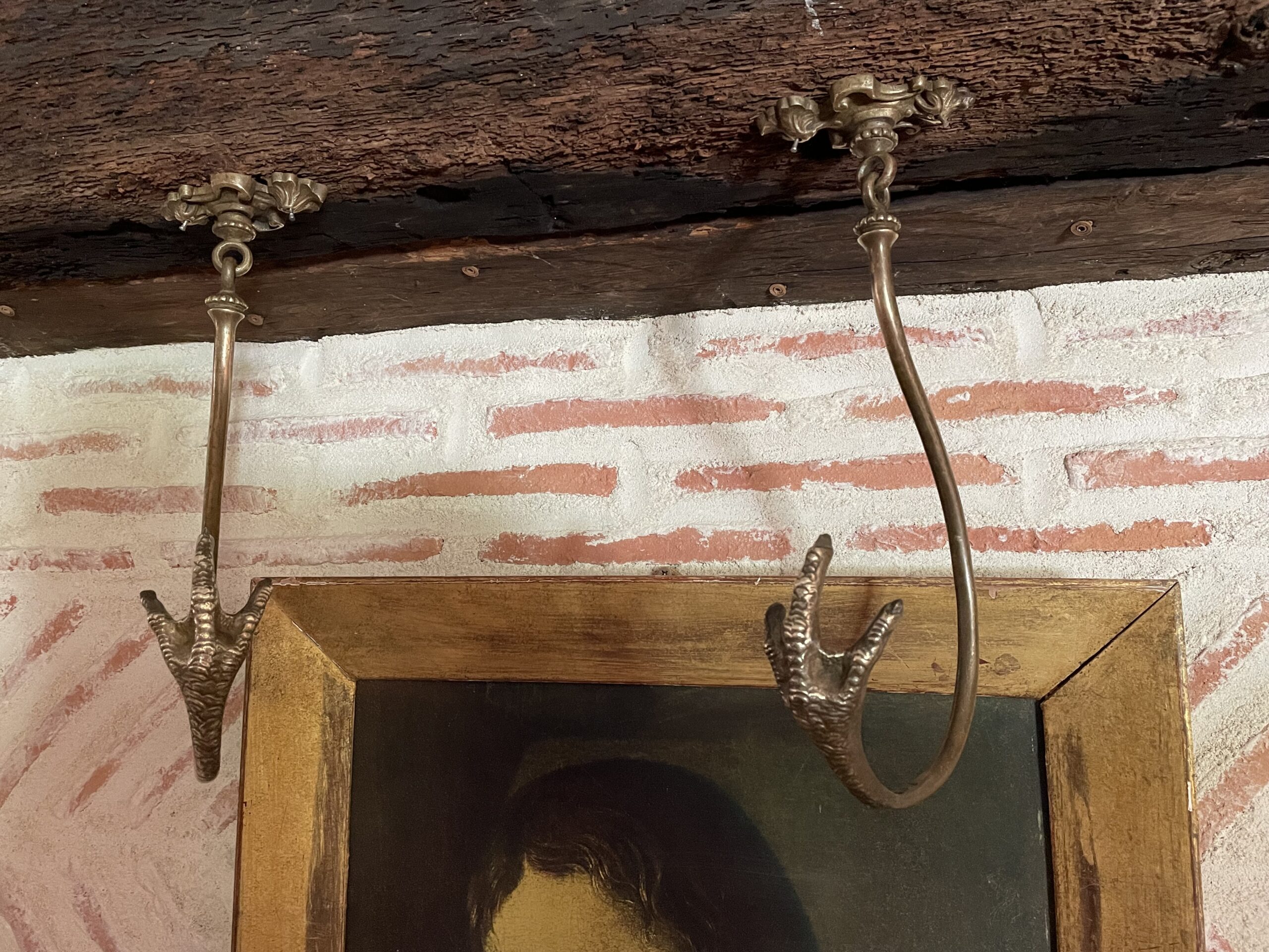 rare pair of two vintage french brass game pheasant hanging hooks