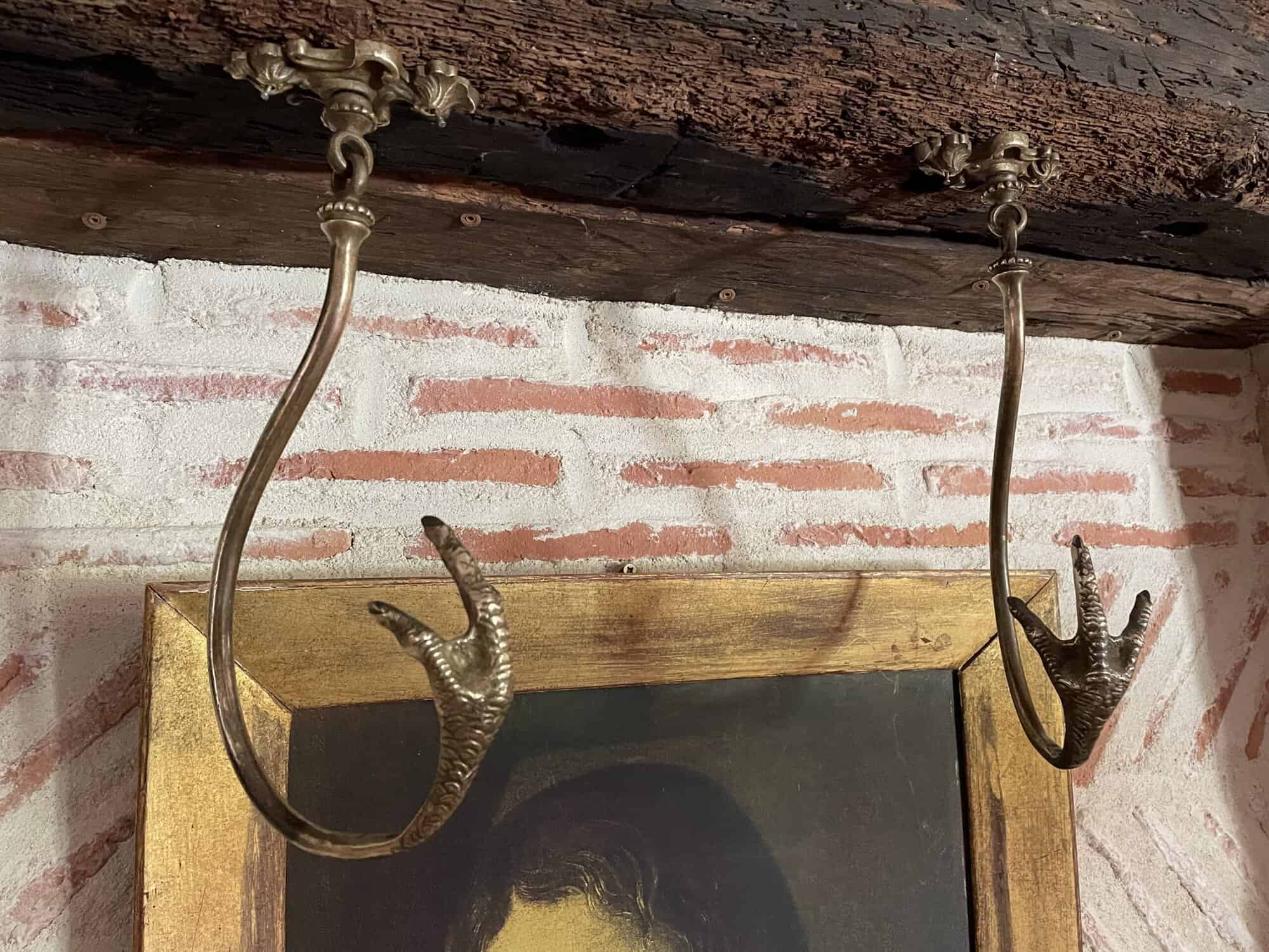 rare pair of two vintage french brass game pheasant hanging hooks