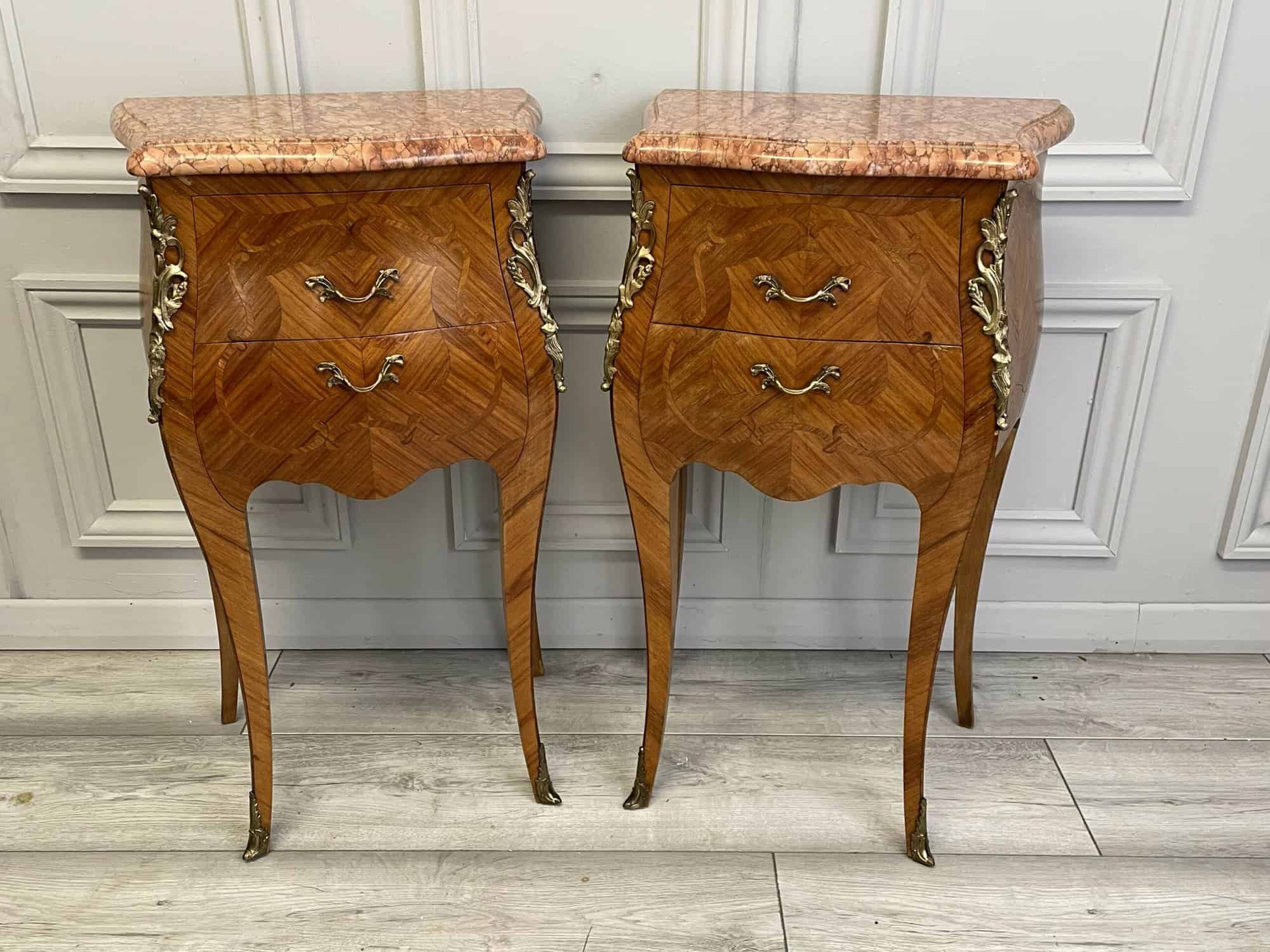 super pair of vintage french louis xv style marble top bedside cabinets