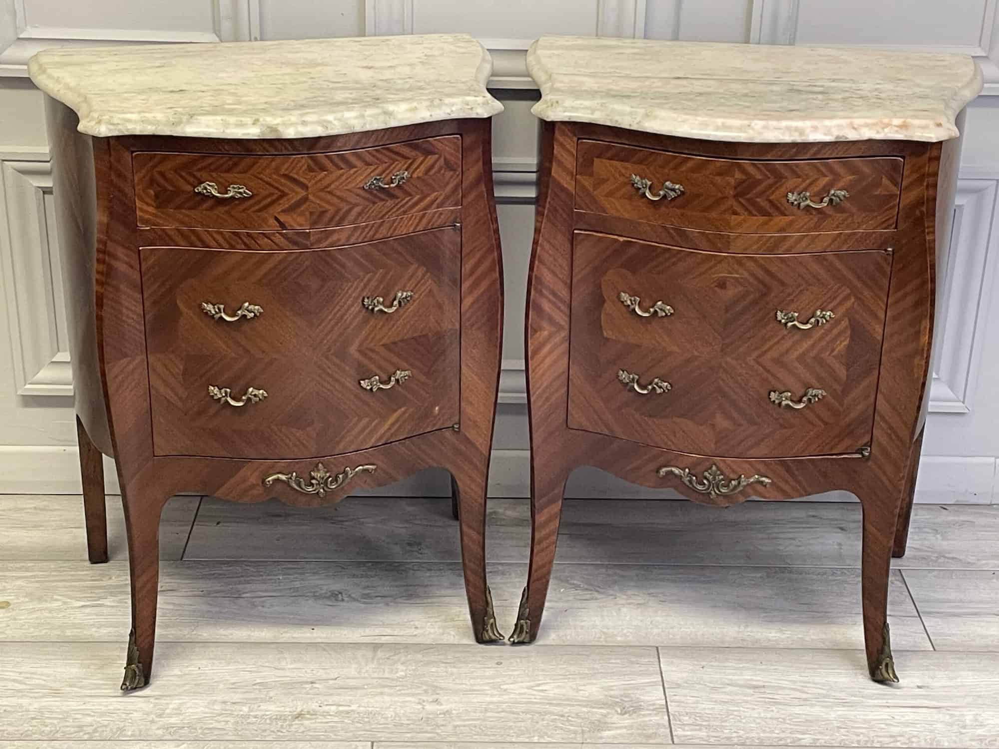 a lovely pair of vintage french louis xv style marble top bedside cabinets