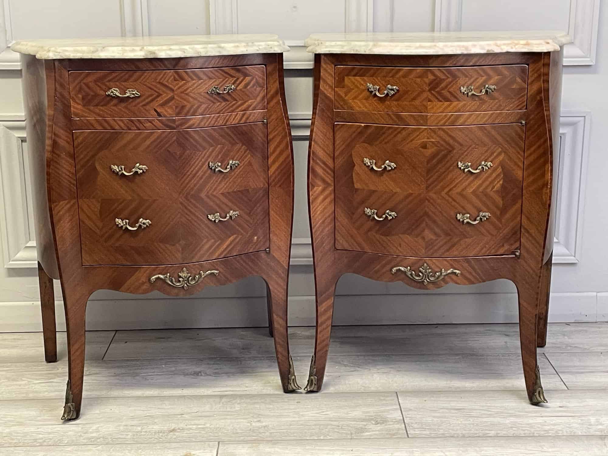 a lovely pair of vintage french louis xv style marble top bedside cabinets