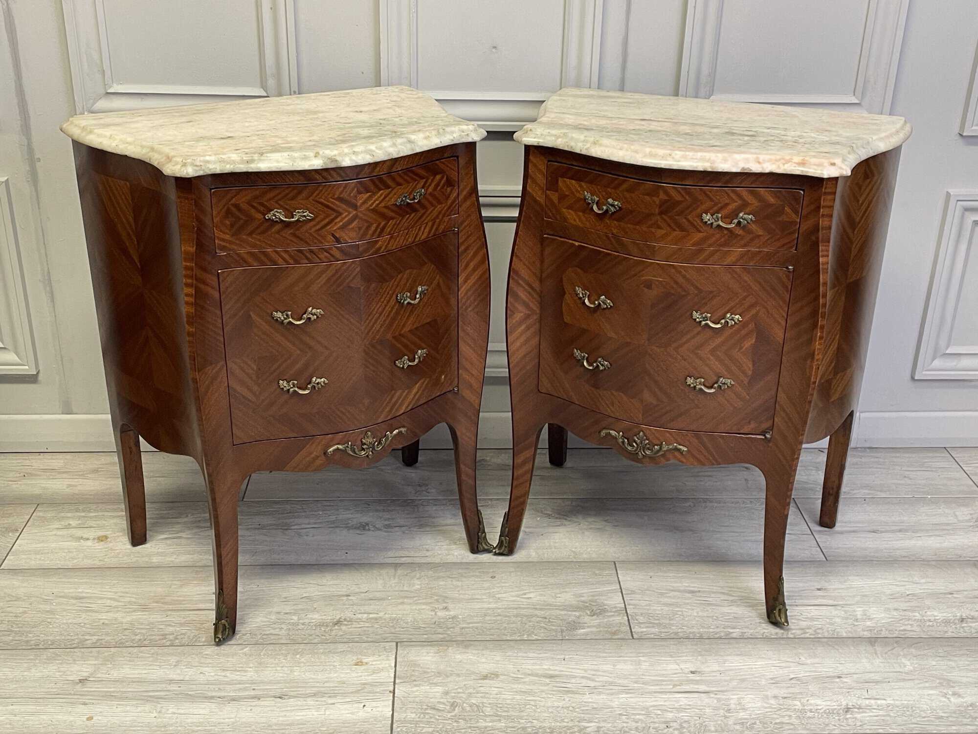 a lovely pair of vintage french louis xv style marble top bedside cabinets