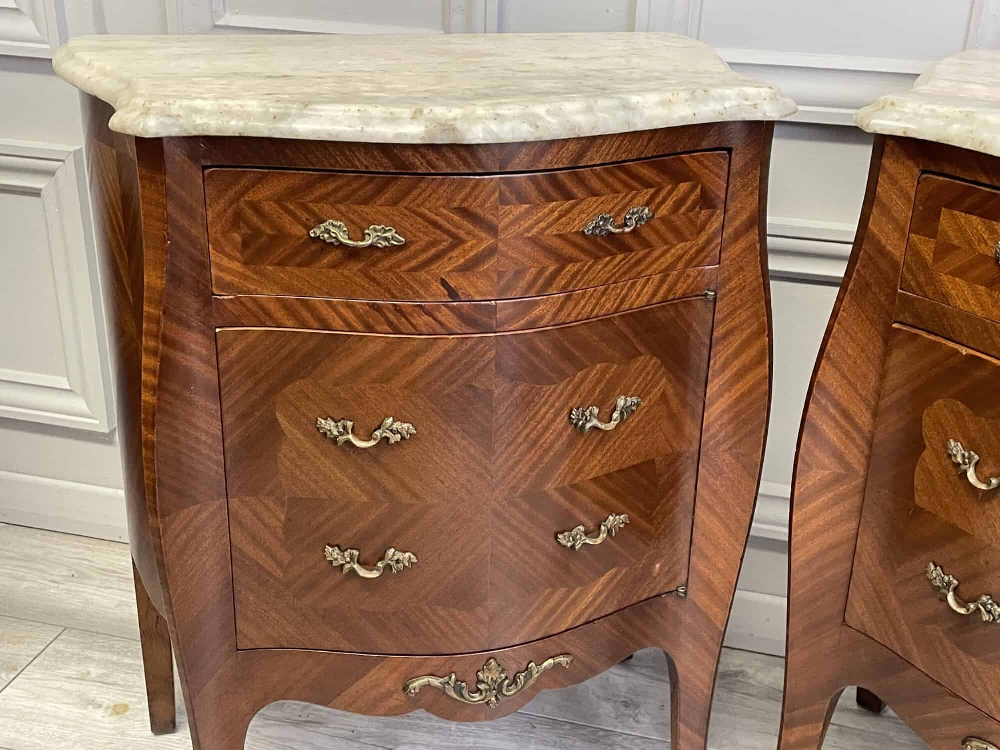 a lovely pair of vintage french louis xv style marble top bedside cabinets