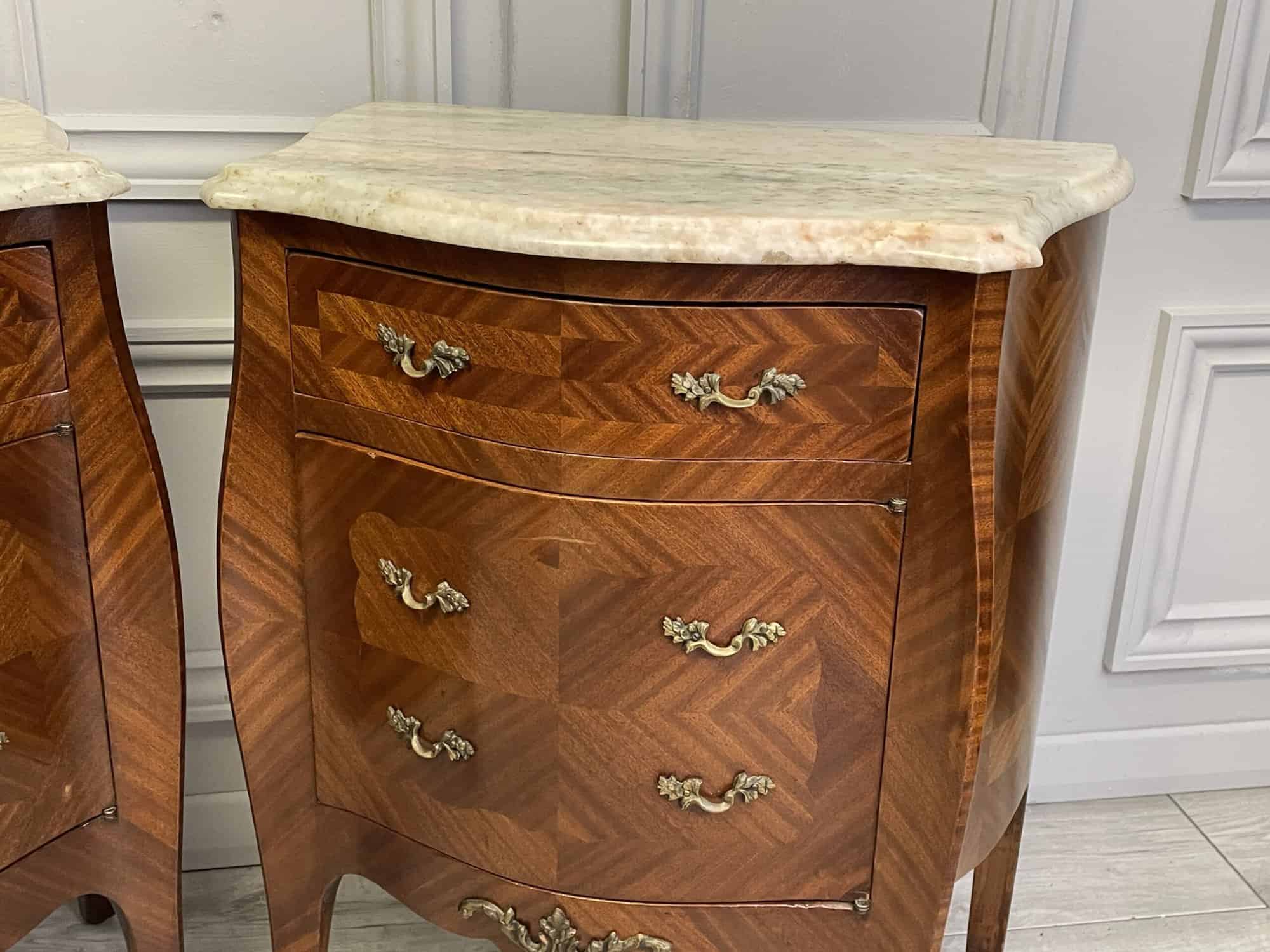 a lovely pair of vintage french louis xv style marble top bedside cabinets