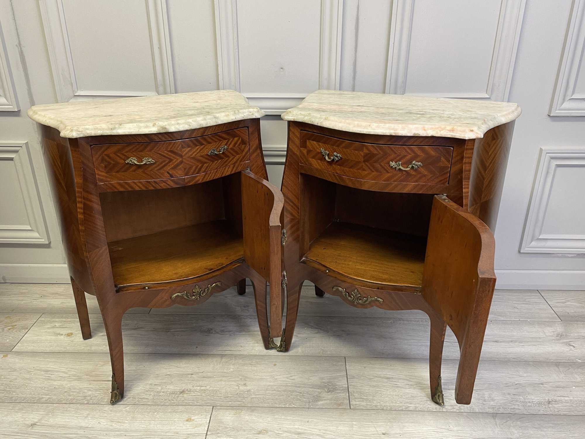 a lovely pair of vintage french louis xv style marble top bedside cabinets