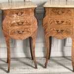 a pair of stunning vintage french three drawer marble top bedside cabinets