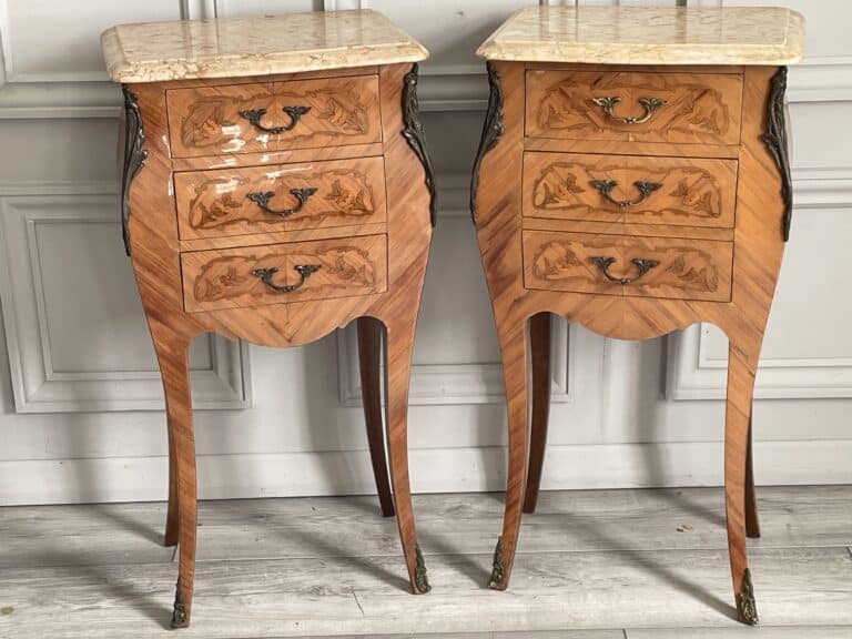 a pair of stunning vintage french three drawer marble top bedside cabinets