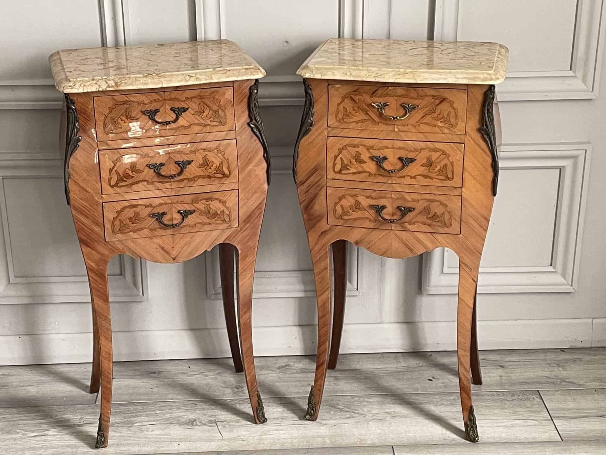 a pair of stunning vintage french three drawer marble top bedside cabinets