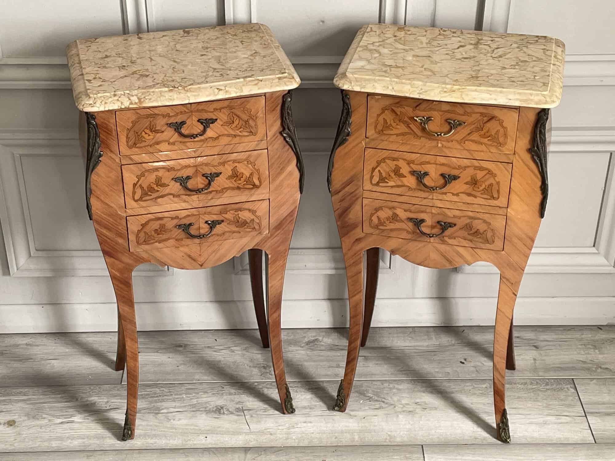 a pair of stunning vintage french three drawer marble top bedside cabinets