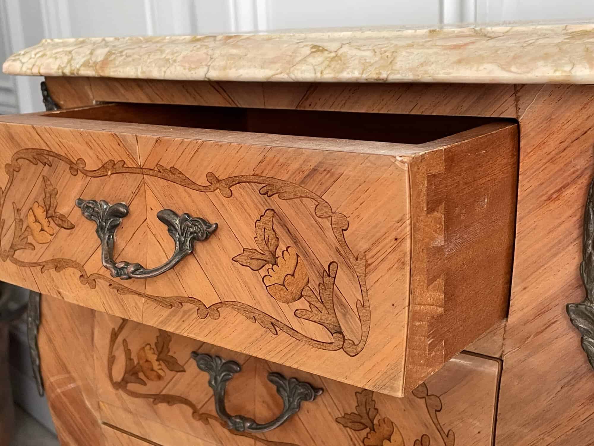 a pair of stunning vintage french three drawer marble top bedside cabinets