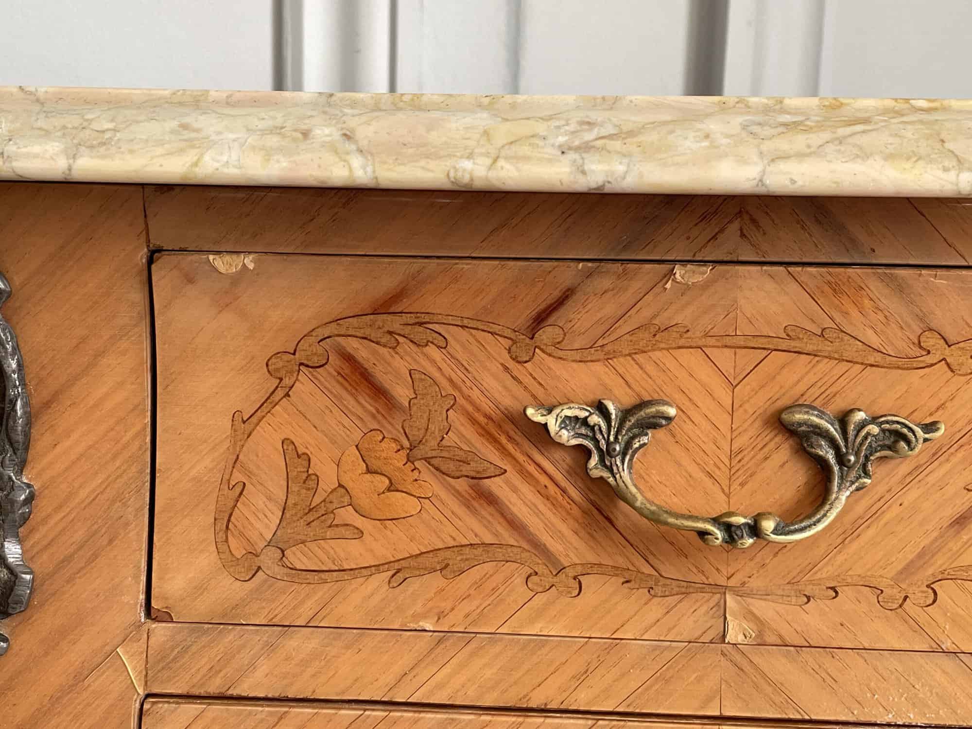 a pair of stunning vintage french three drawer marble top bedside cabinets