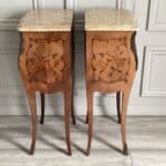 a pair of stunning vintage french three drawer marble top bedside cabinets