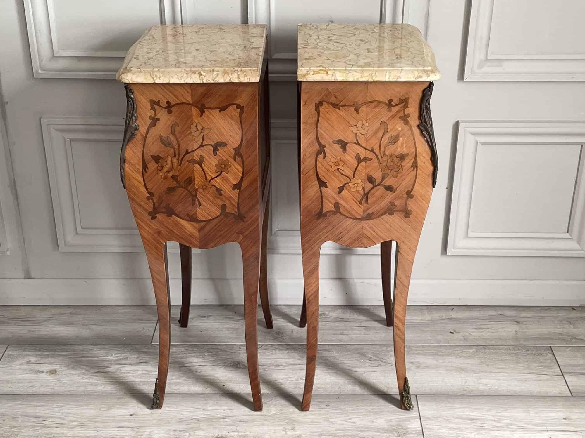 a pair of stunning vintage french three drawer marble top bedside cabinets