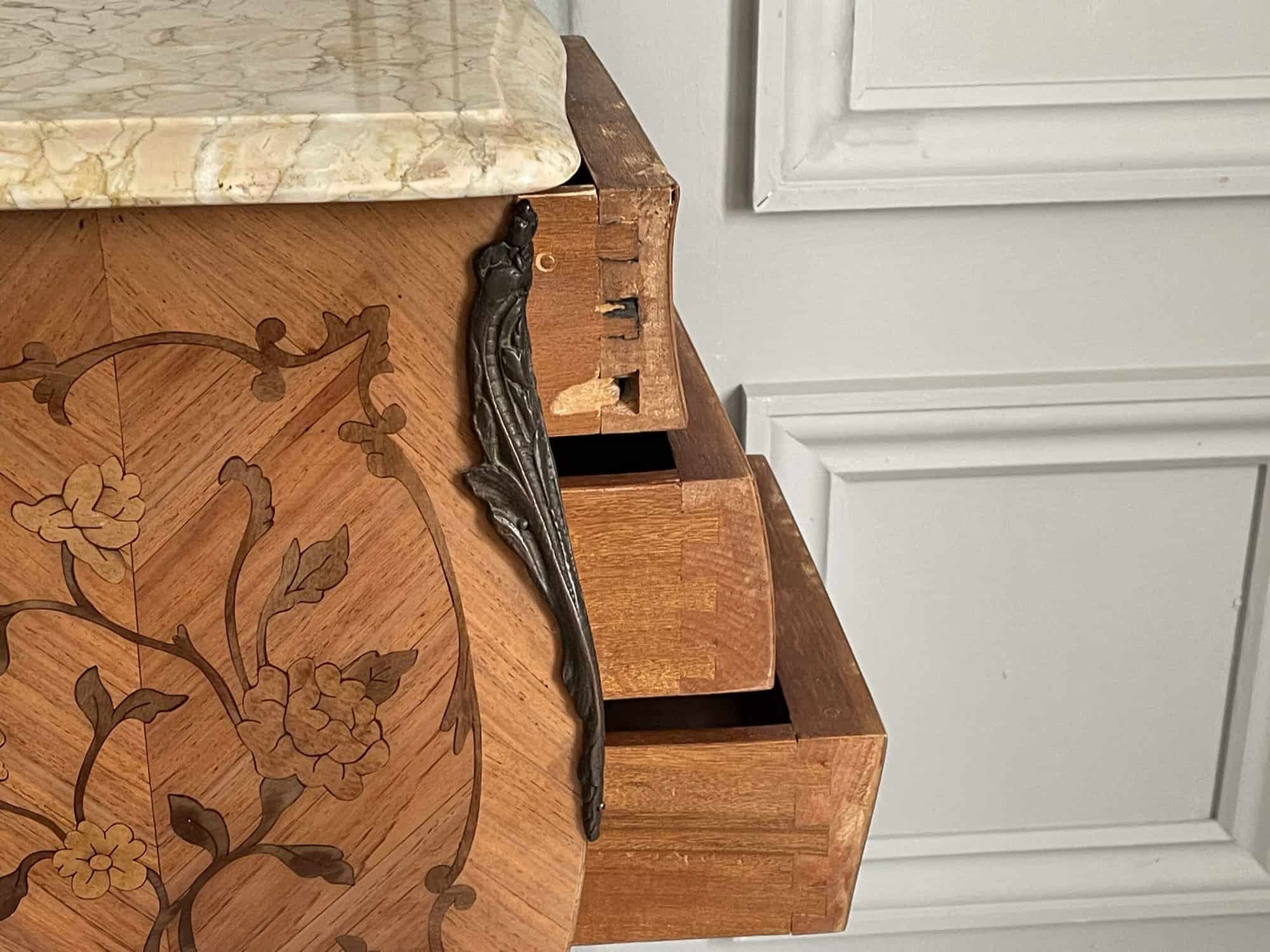 a pair of stunning vintage french three drawer marble top bedside cabinets