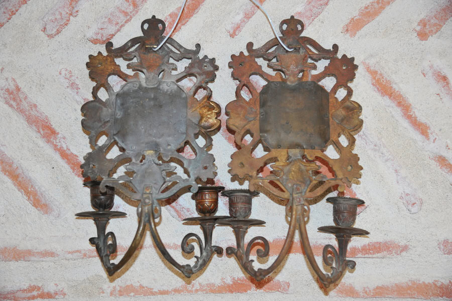 antique pair of highly decorative french bronze wall sconces