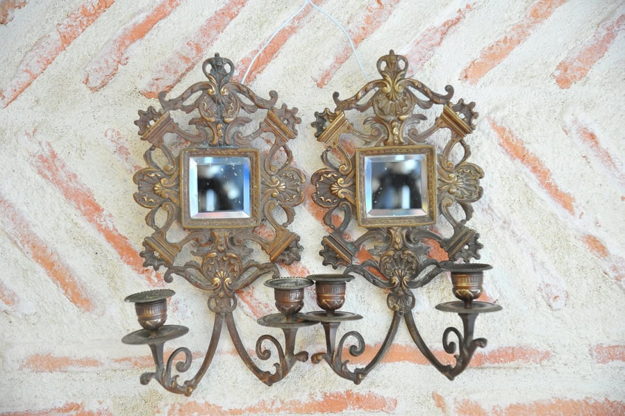 antique pair of highly decorative french bronze wall sconces