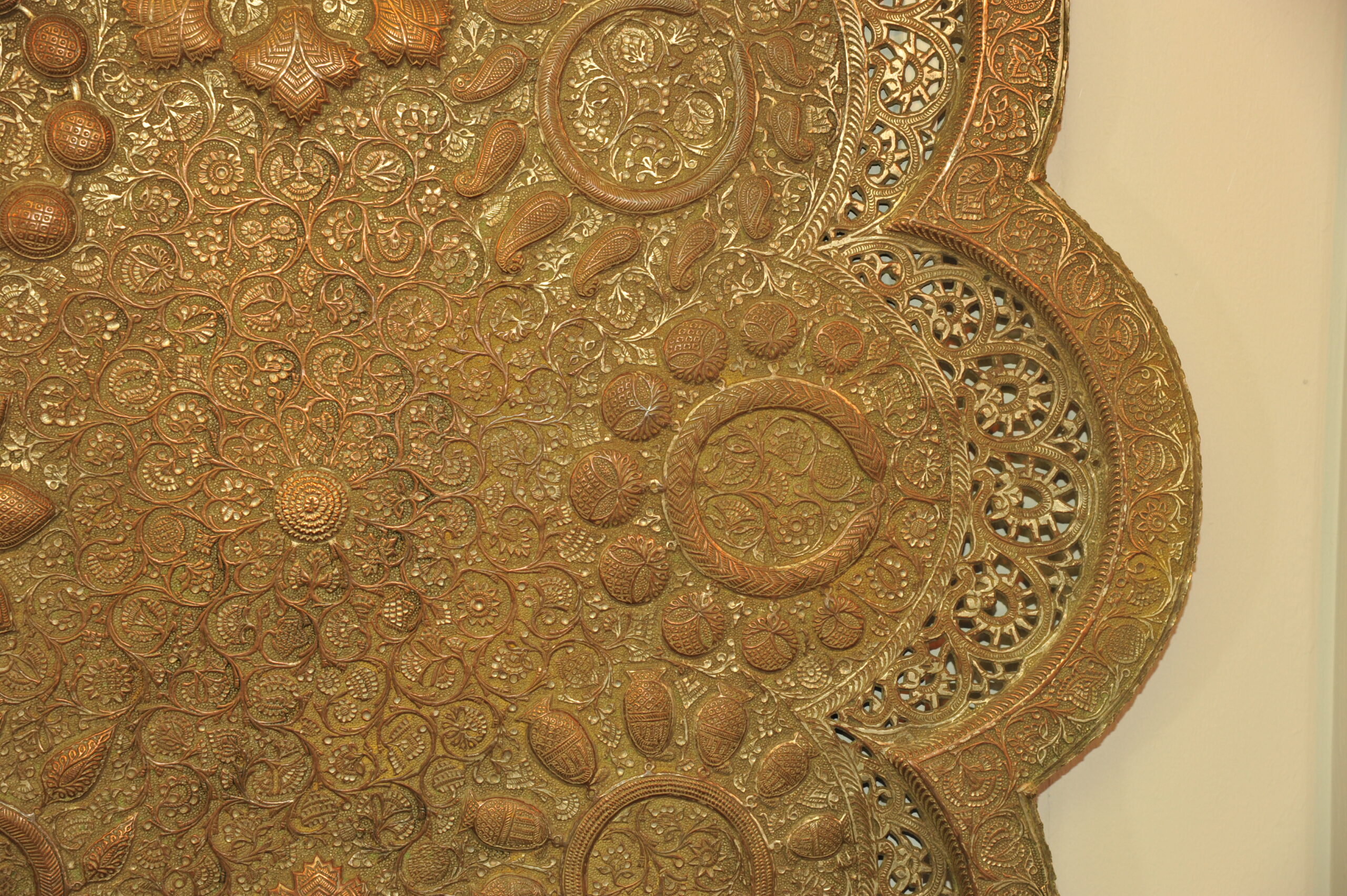 antique kashmiri repoussé copper tray silver plated pierced 19th century