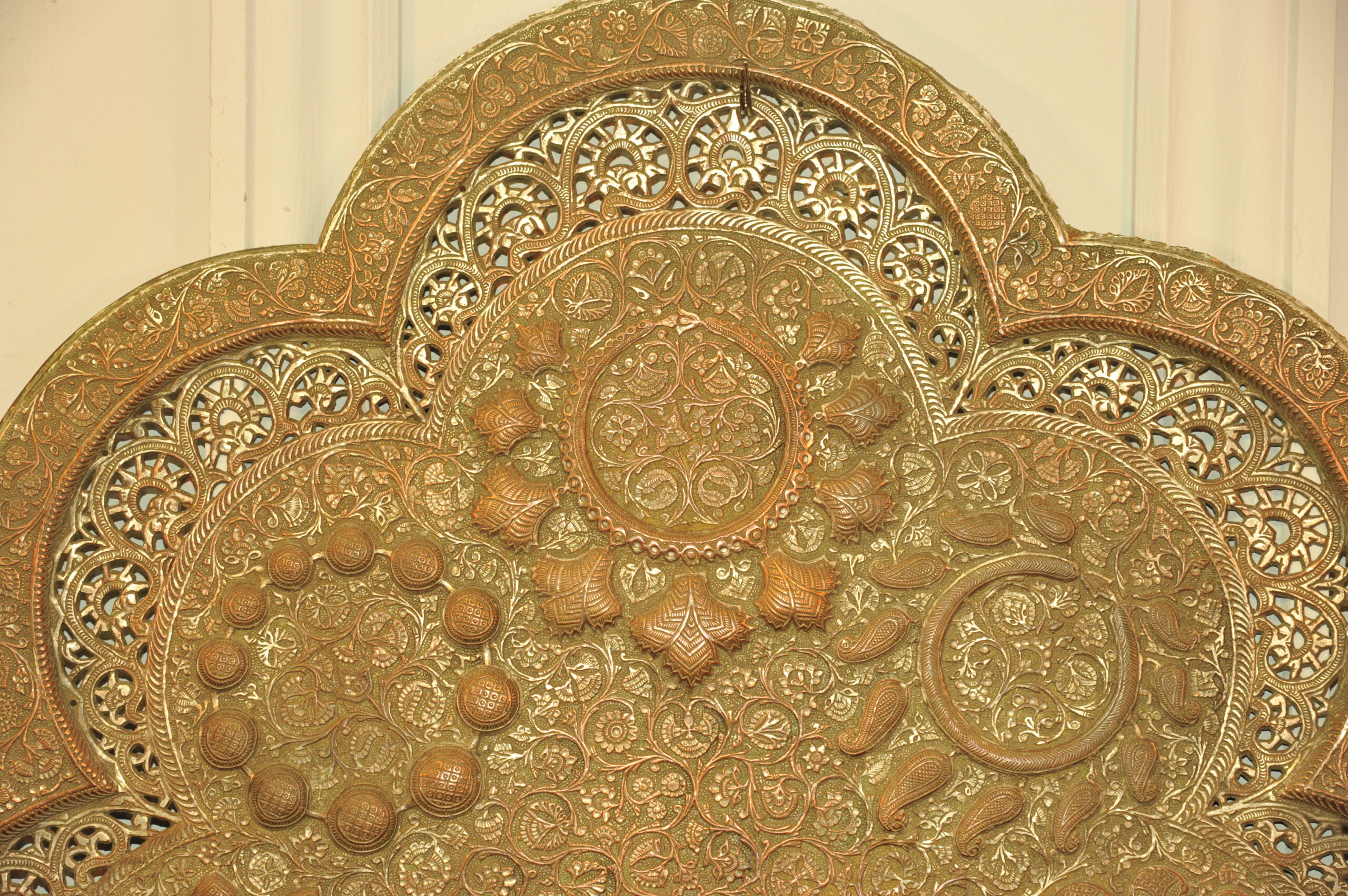 antique kashmiri repoussé copper tray silver plated pierced 19th century