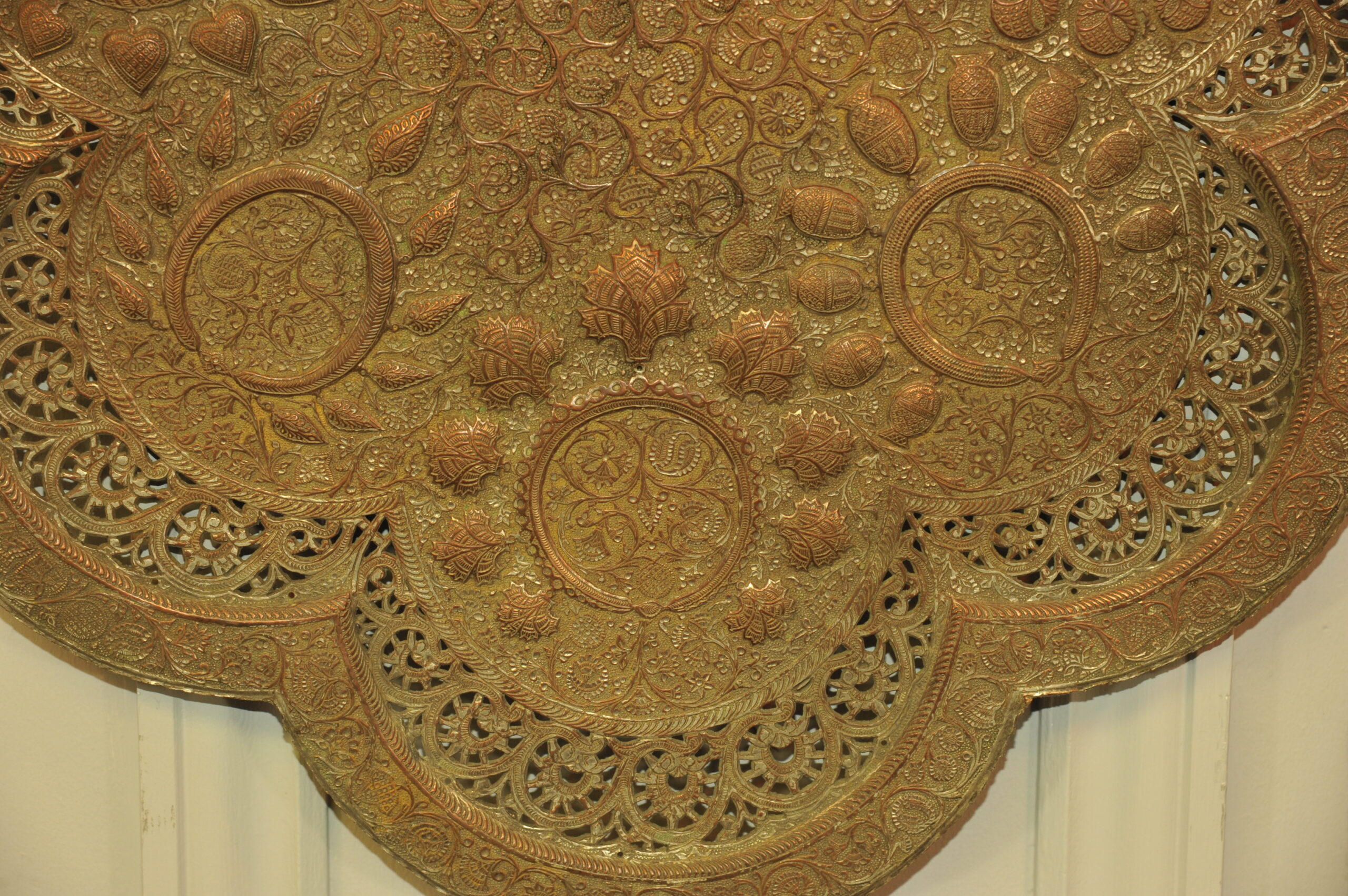 antique kashmiri repoussé copper tray silver plated pierced 19th century