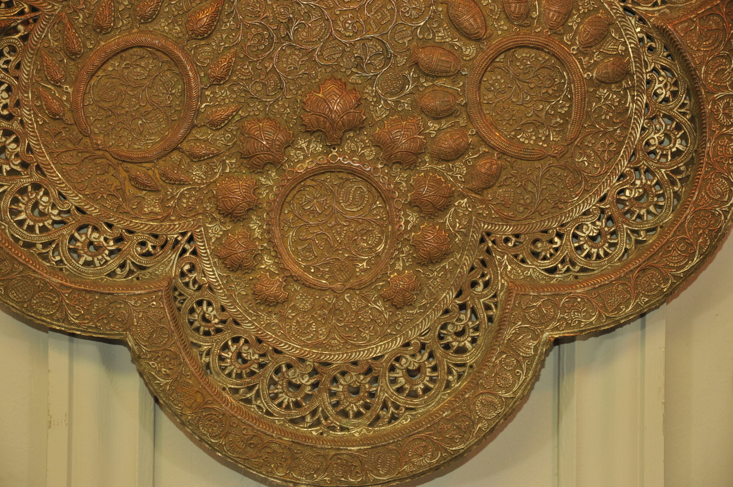 antique kashmiri repoussé copper tray silver plated pierced 19th century