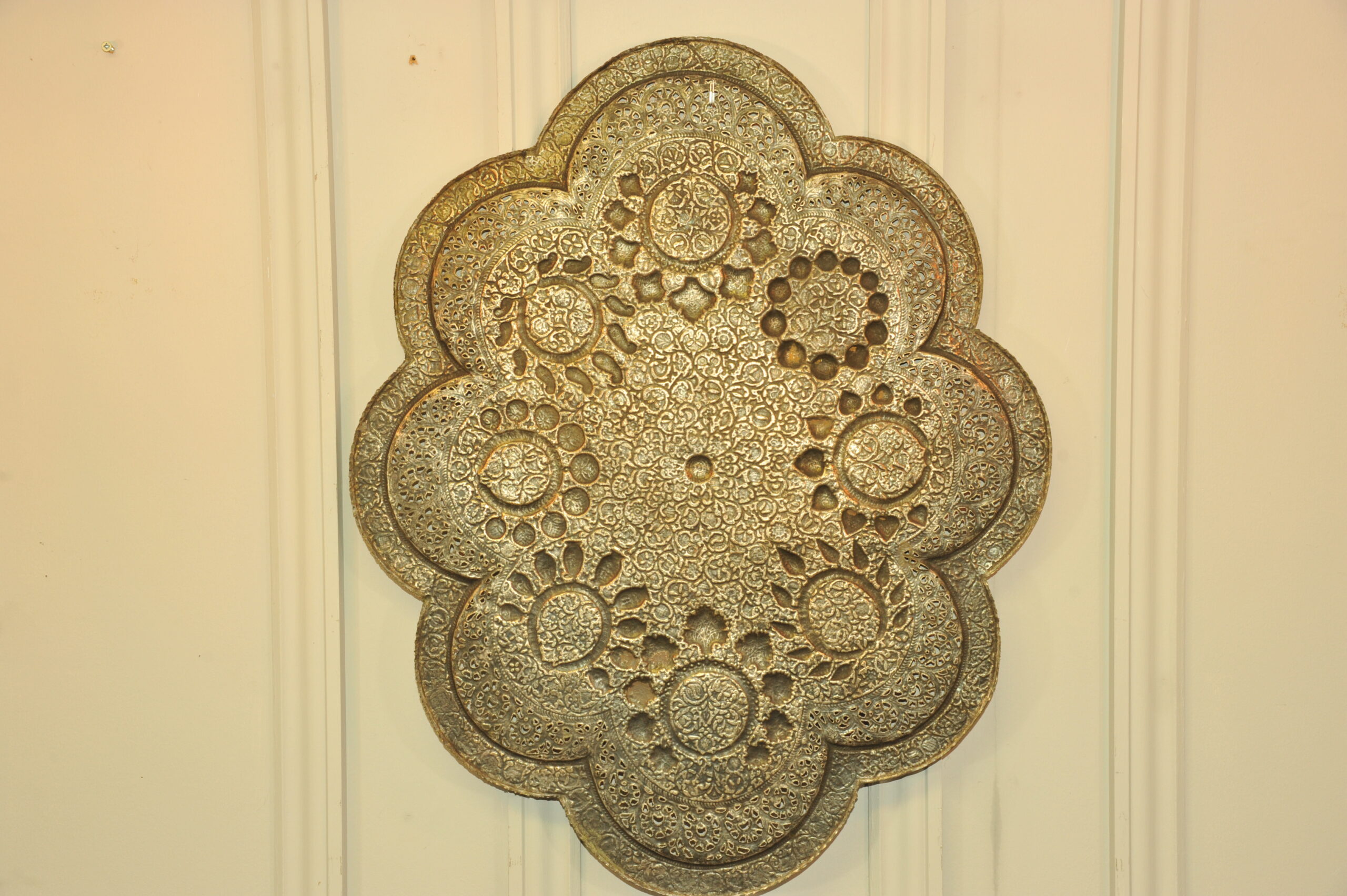 antique kashmiri repoussé copper tray silver plated pierced 19th century