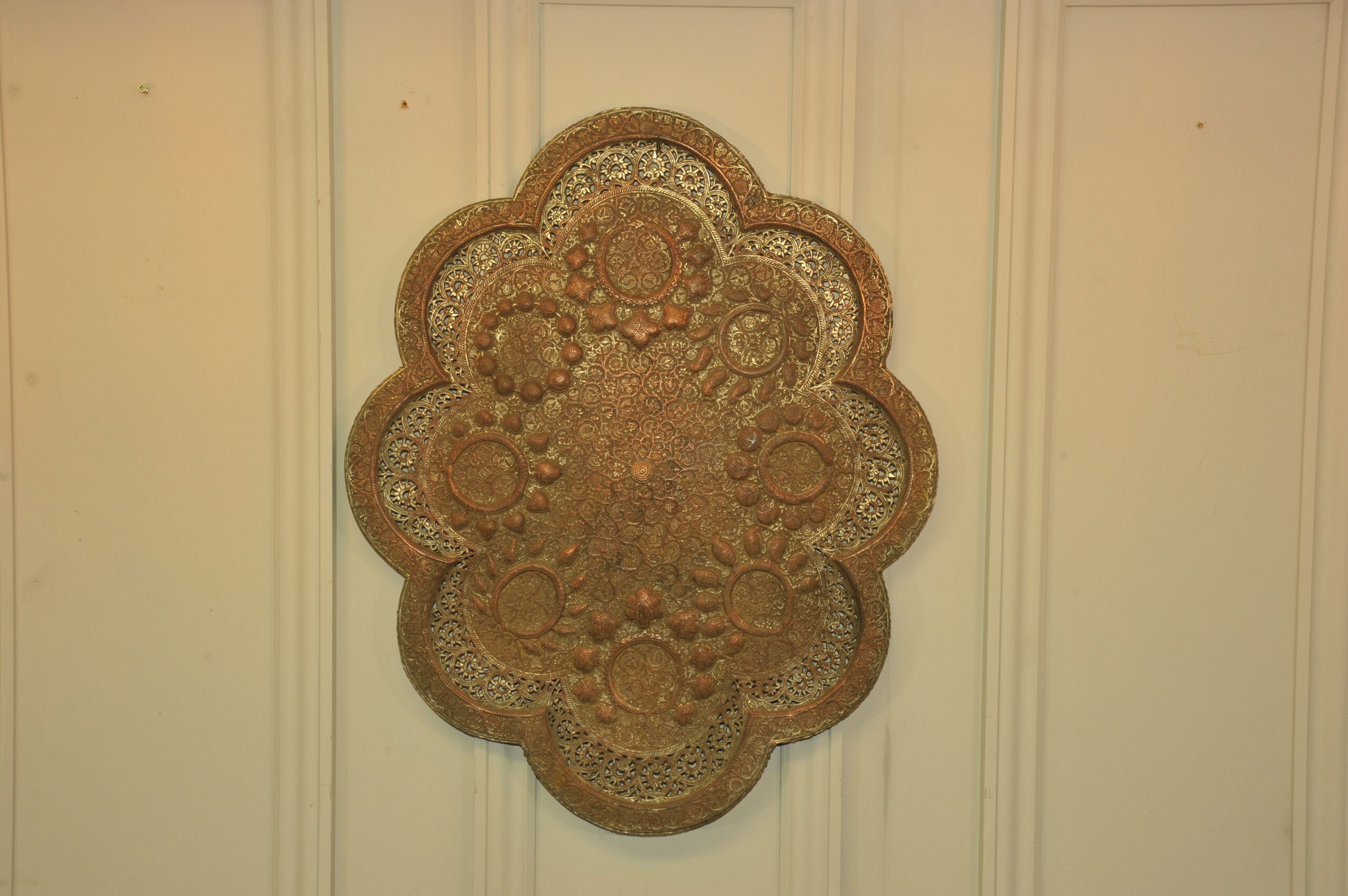 antique kashmiri repoussé copper tray silver plated pierced 19th century