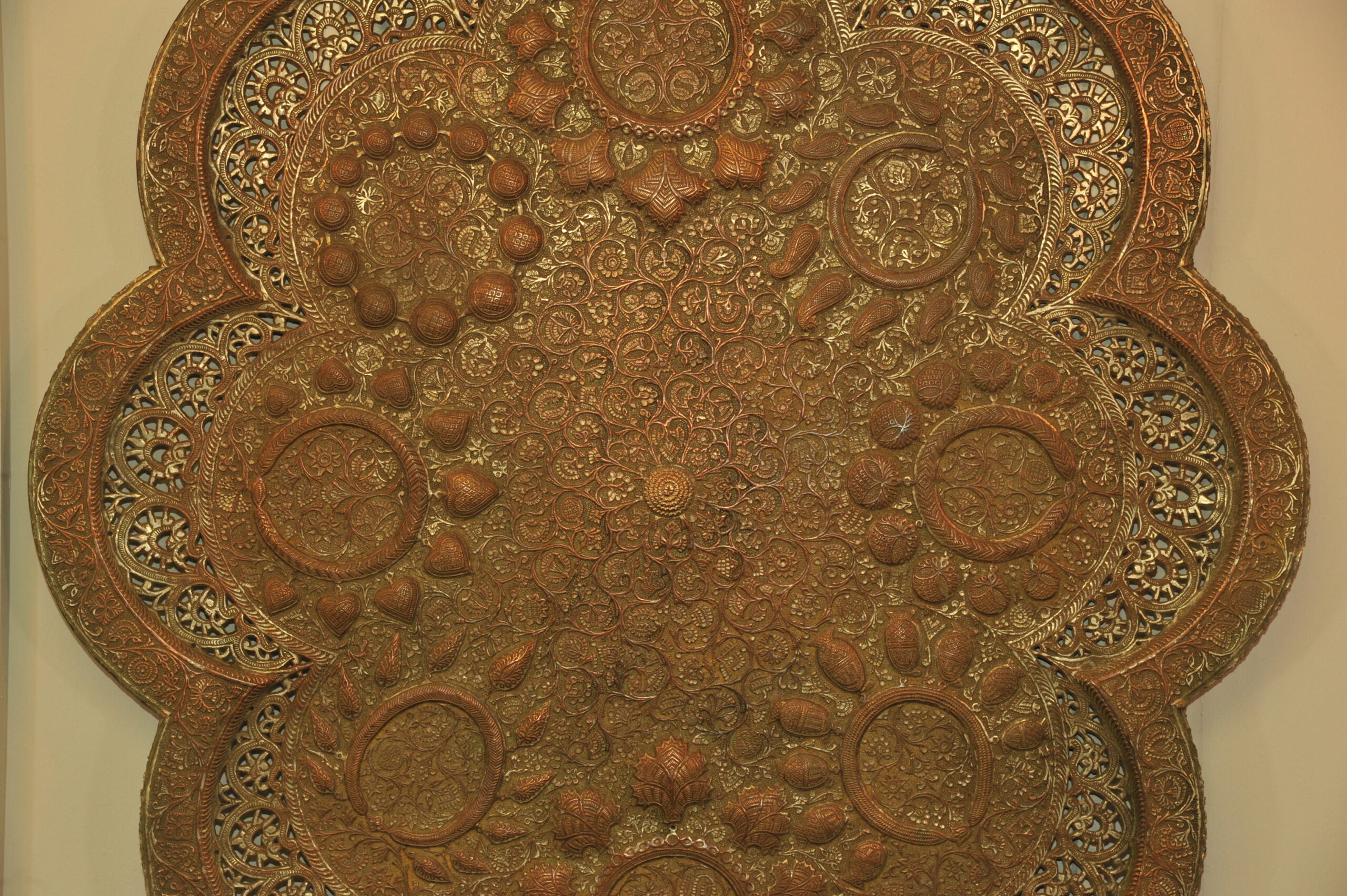 antique kashmiri repoussé copper tray silver plated pierced 19th century
