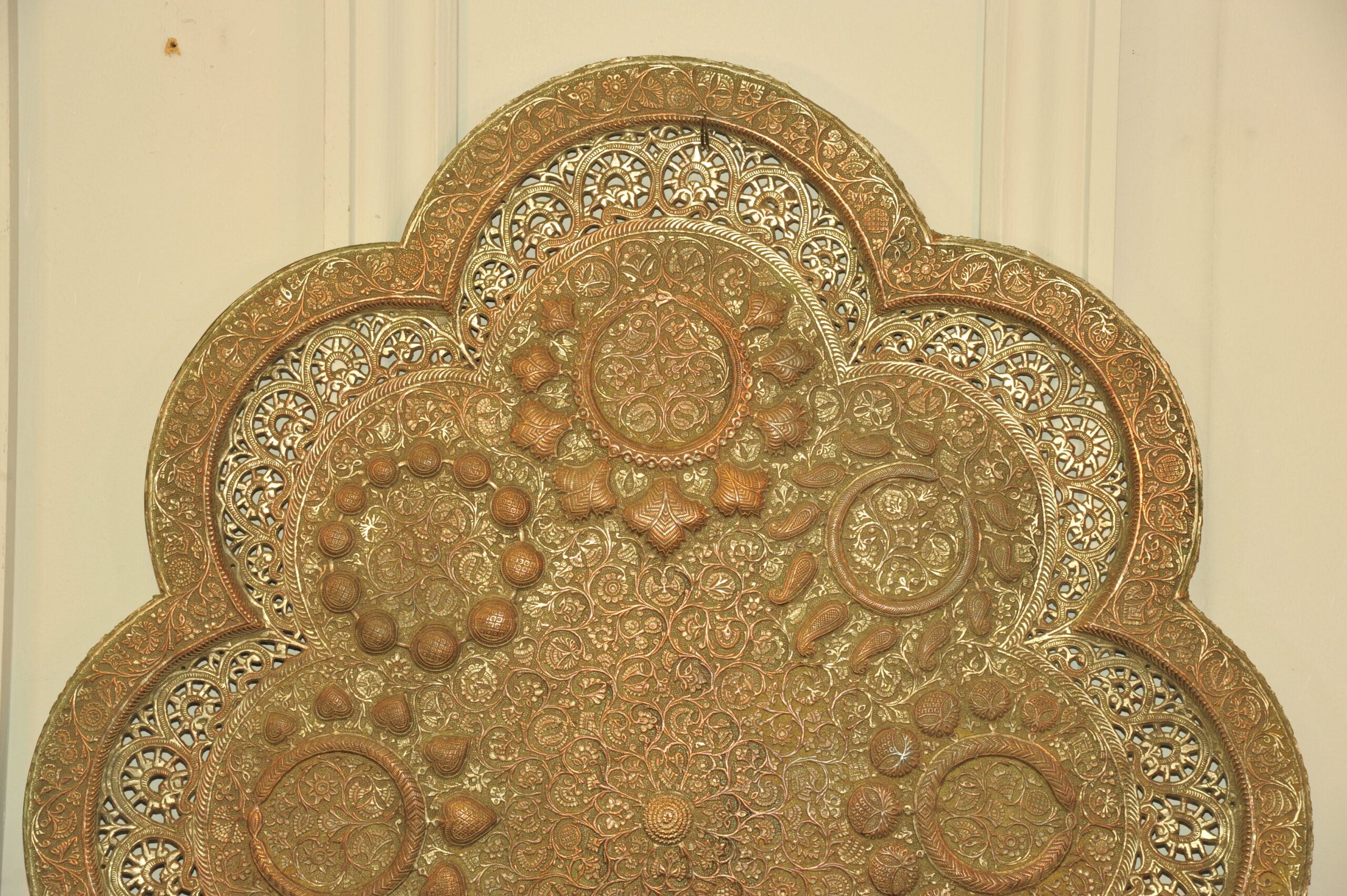 antique kashmiri repoussé copper tray silver plated pierced 19th century