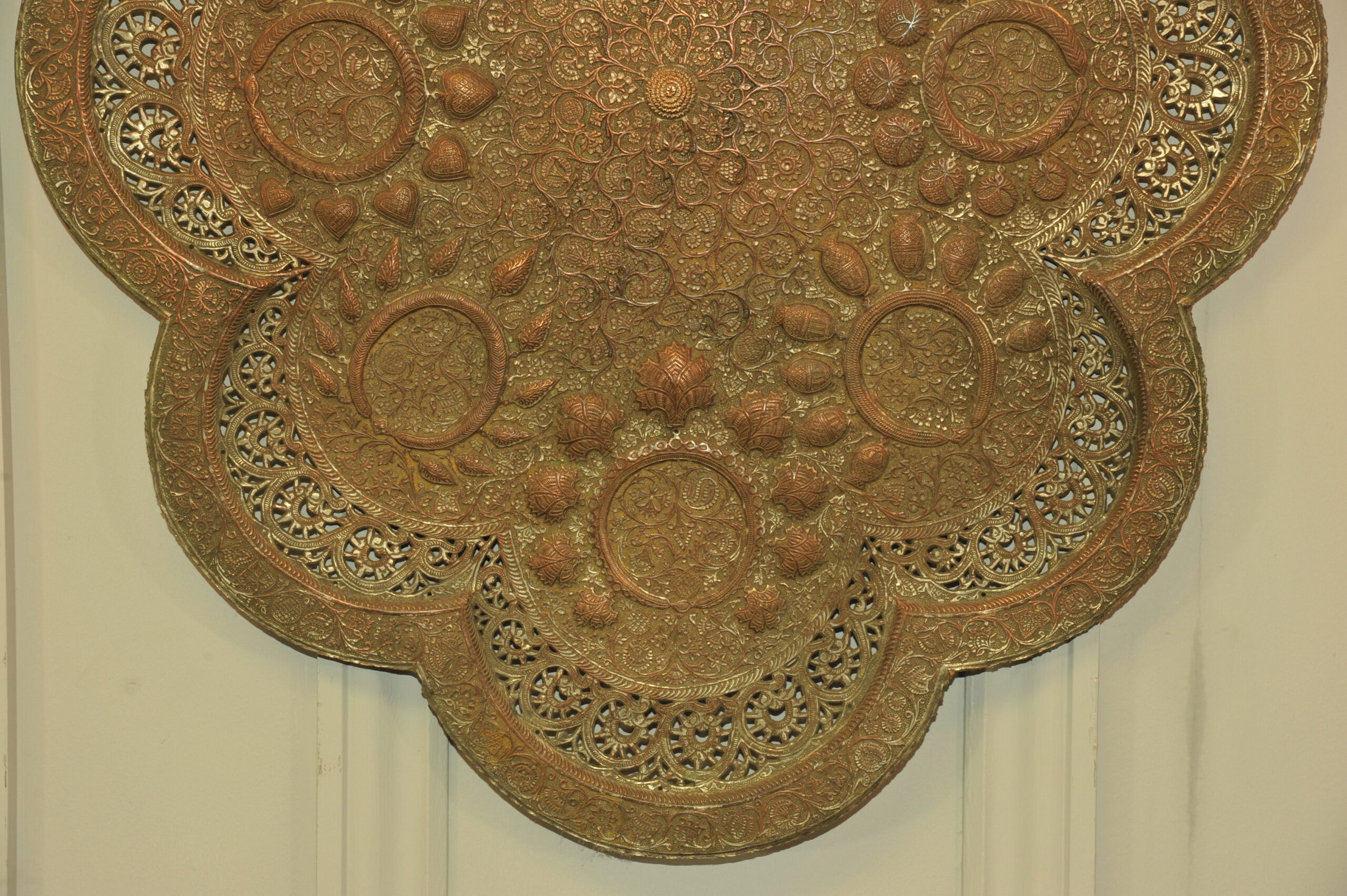 antique kashmiri repoussé copper tray silver plated pierced 19th century