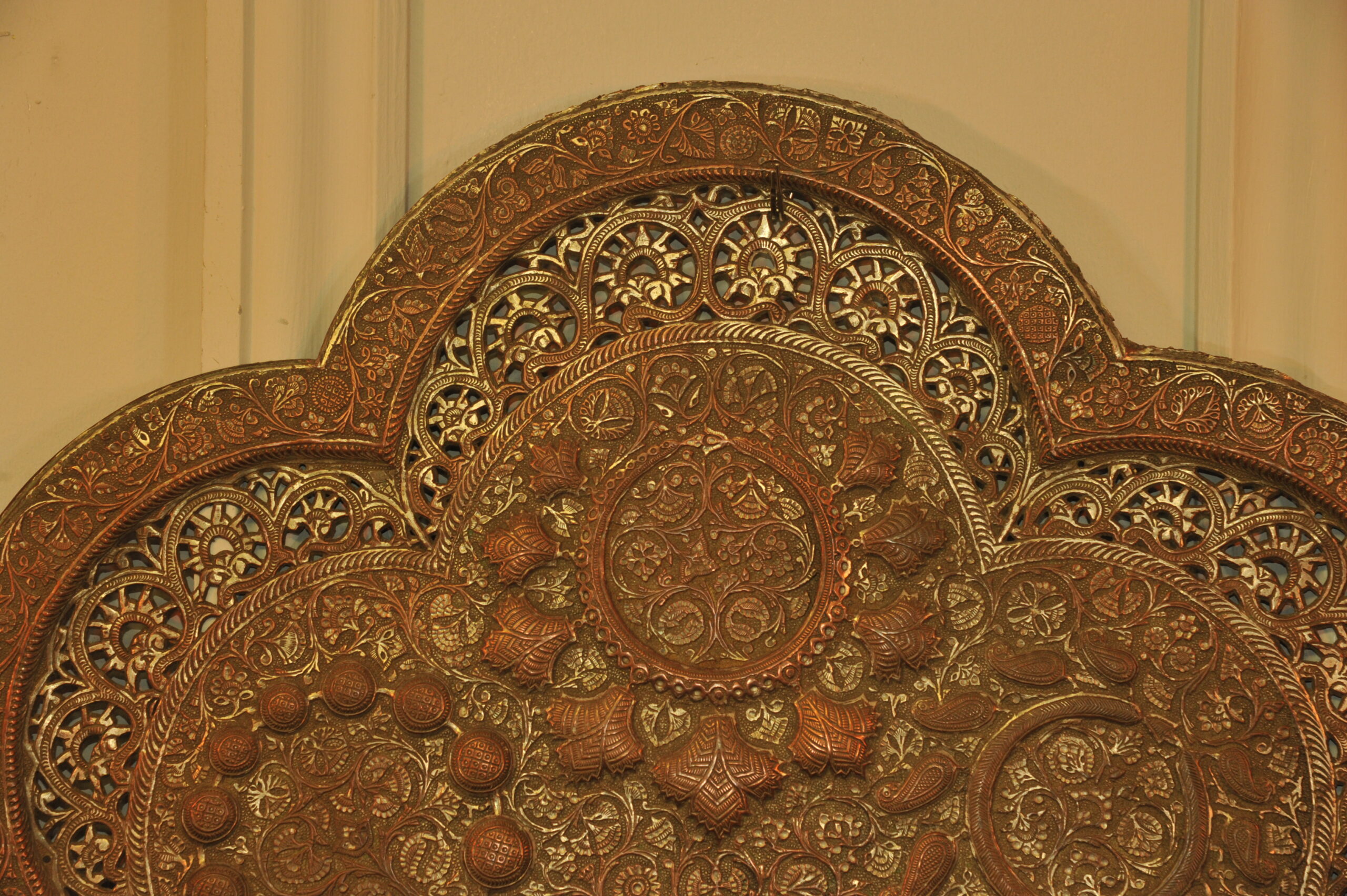 antique kashmiri repoussé copper tray silver plated pierced 19th century