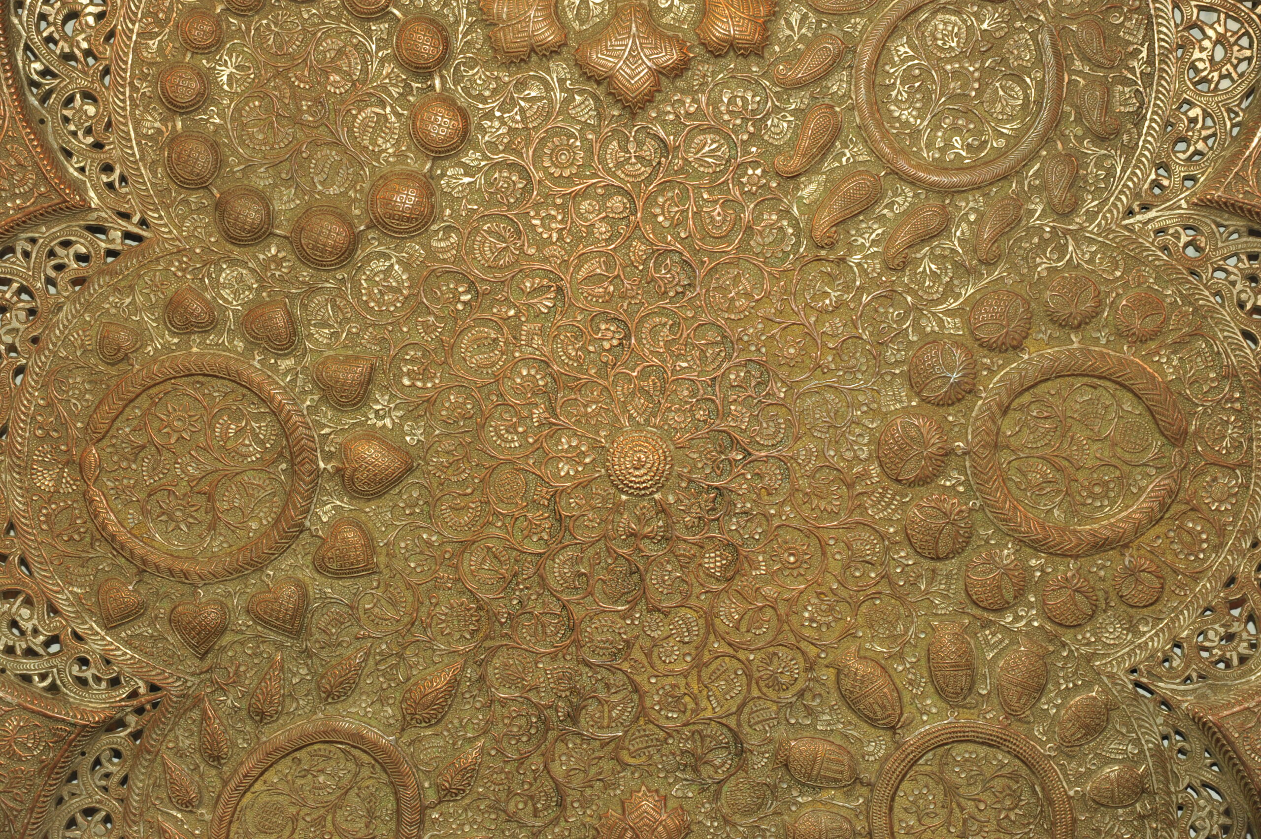 antique kashmiri repoussé copper tray silver plated pierced 19th century