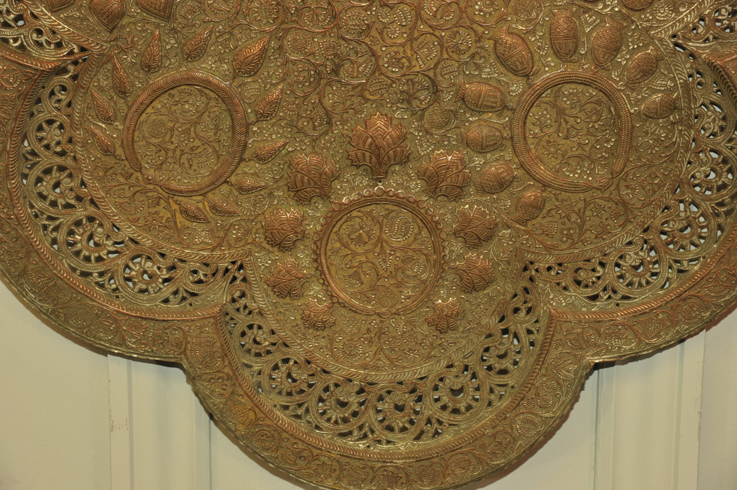 antique kashmiri repoussé copper tray silver plated pierced 19th century
