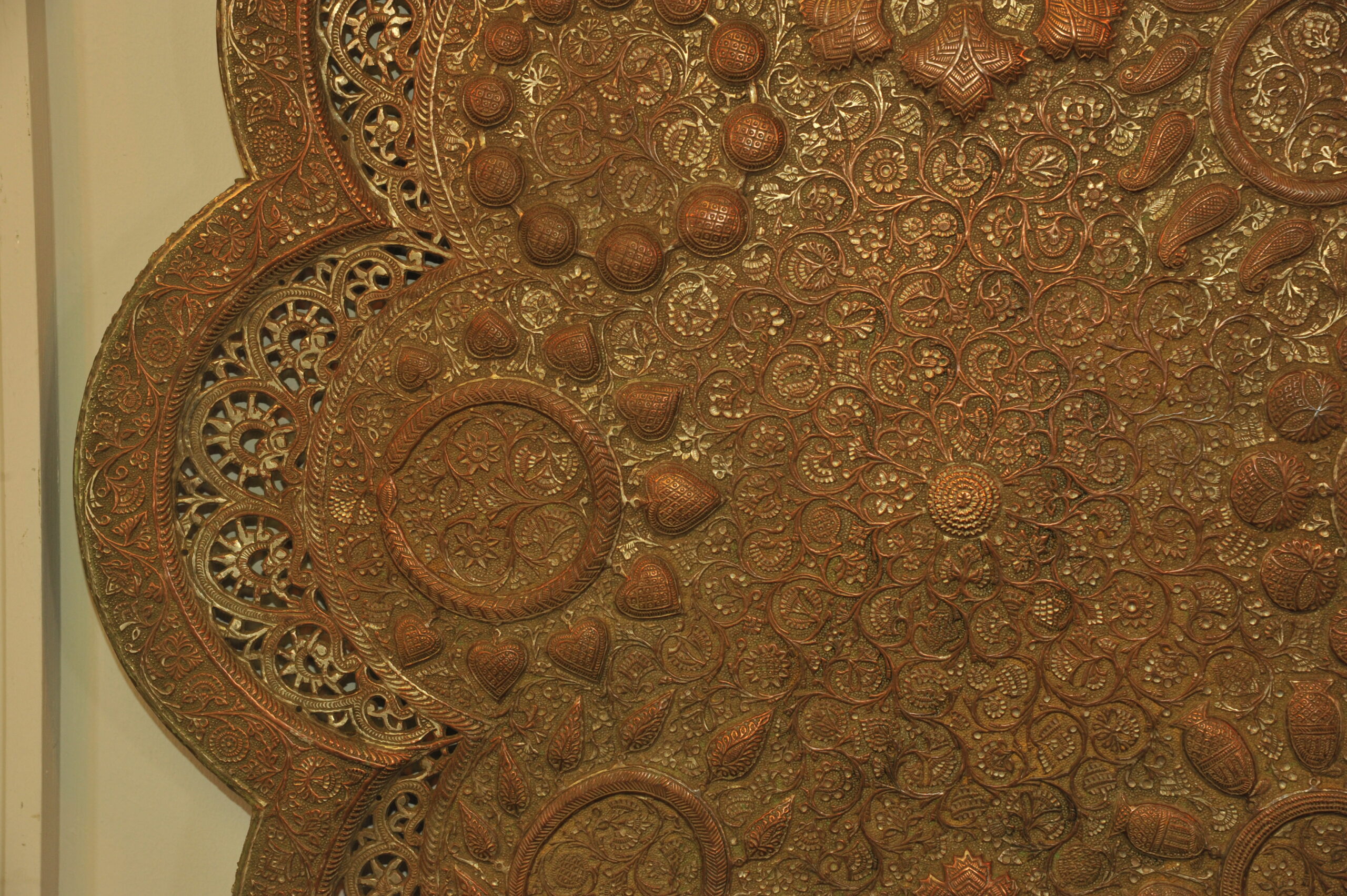 antique kashmiri repoussé copper tray silver plated pierced 19th century