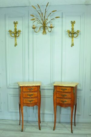 A Pair Of Vintage Mid C French Three Drawer Marble Top Cabinets