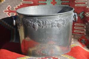 Vintage 1960s Moët & Chandon pewter champagne ice bucket with grapevine relief and ring handles