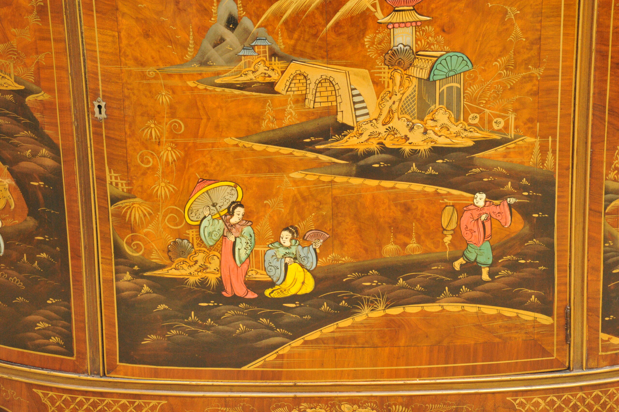 antique c.1910 chinoiserie demi lune cabinet hand painted gilt asian decor