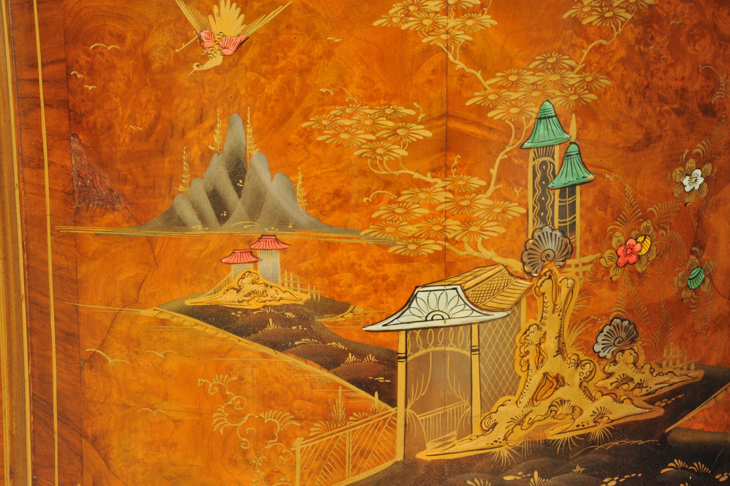 antique c.1910 chinoiserie demi lune cabinet hand painted gilt asian decor