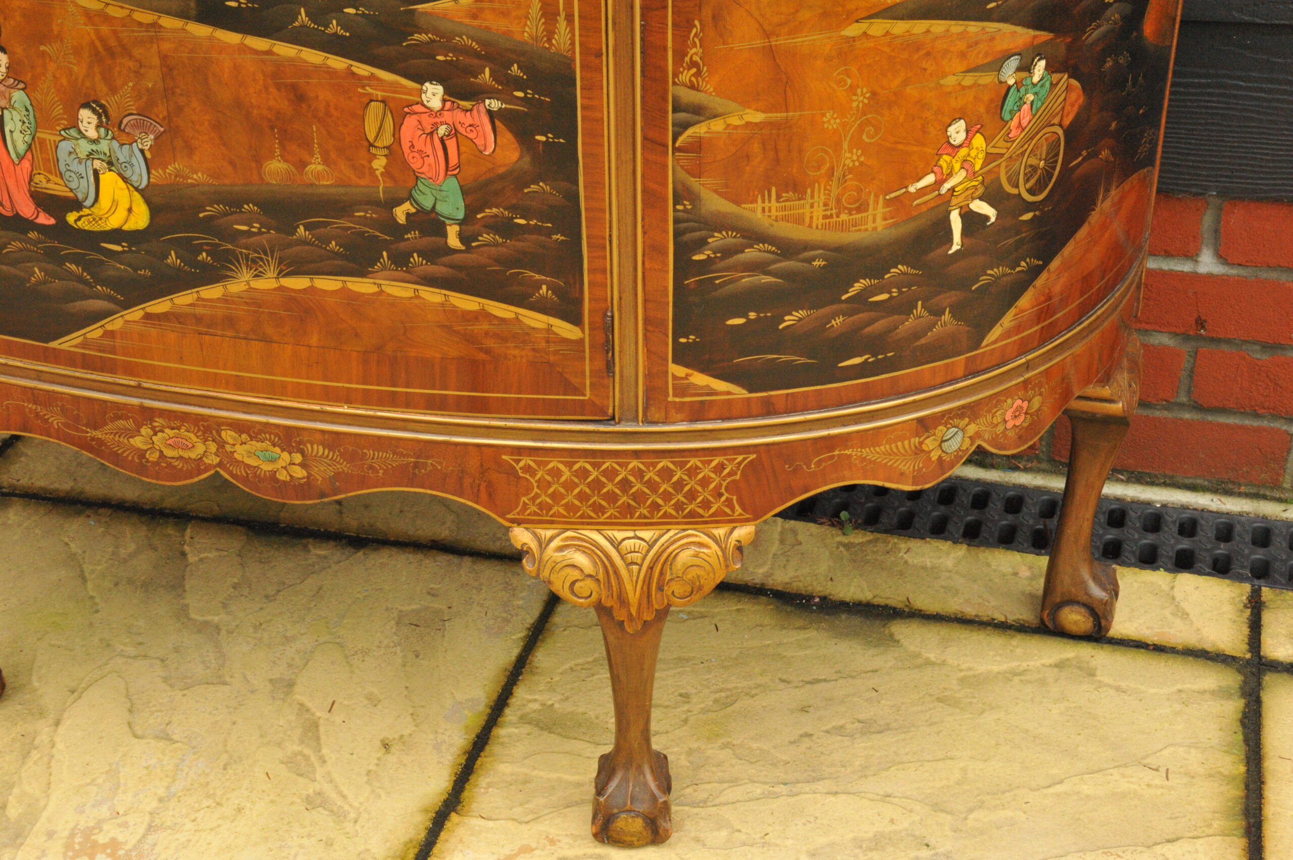 antique c.1910 chinoiserie demi lune cabinet hand painted gilt asian decor