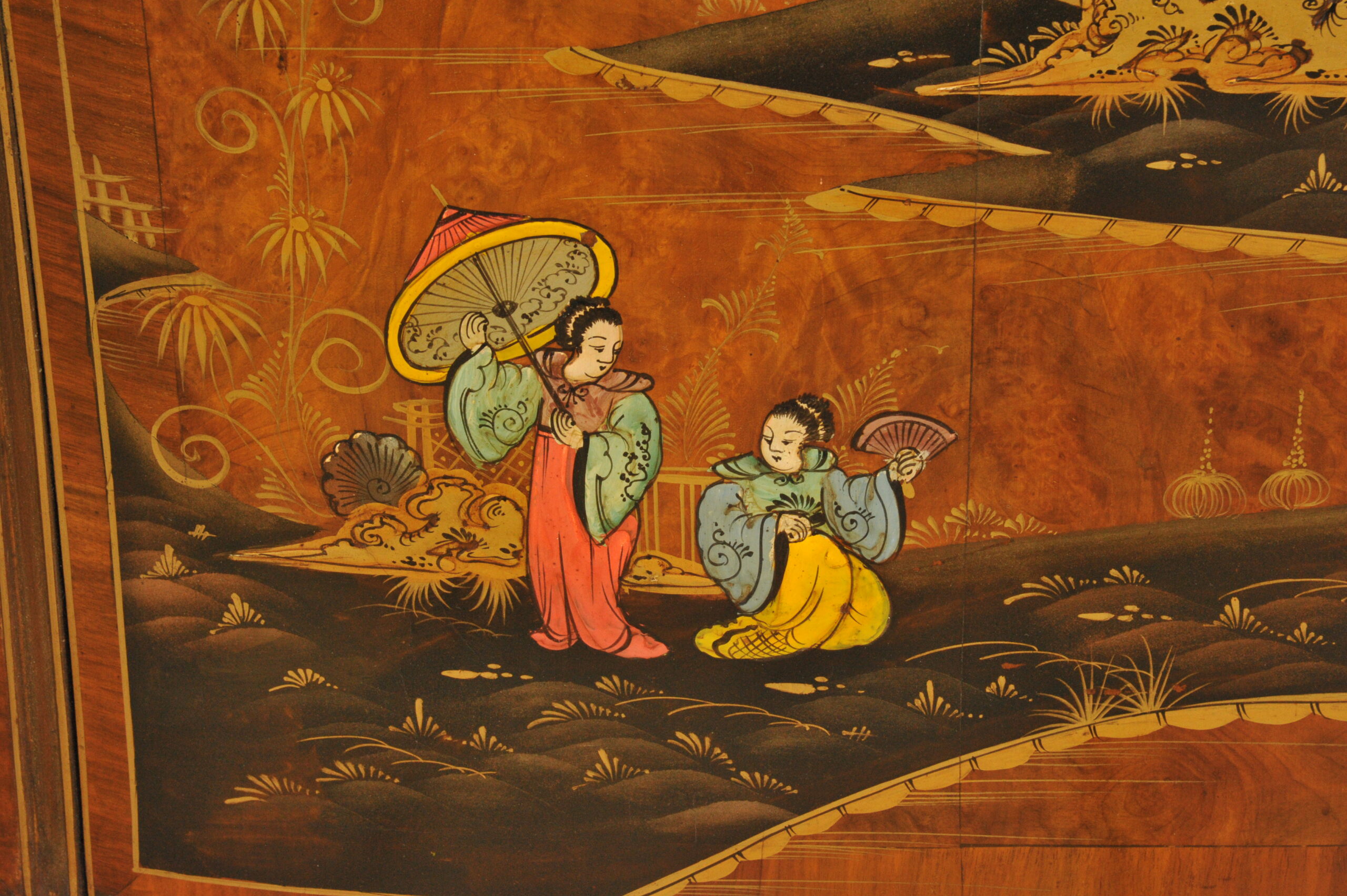 antique c.1910 chinoiserie demi lune cabinet hand painted gilt asian decor