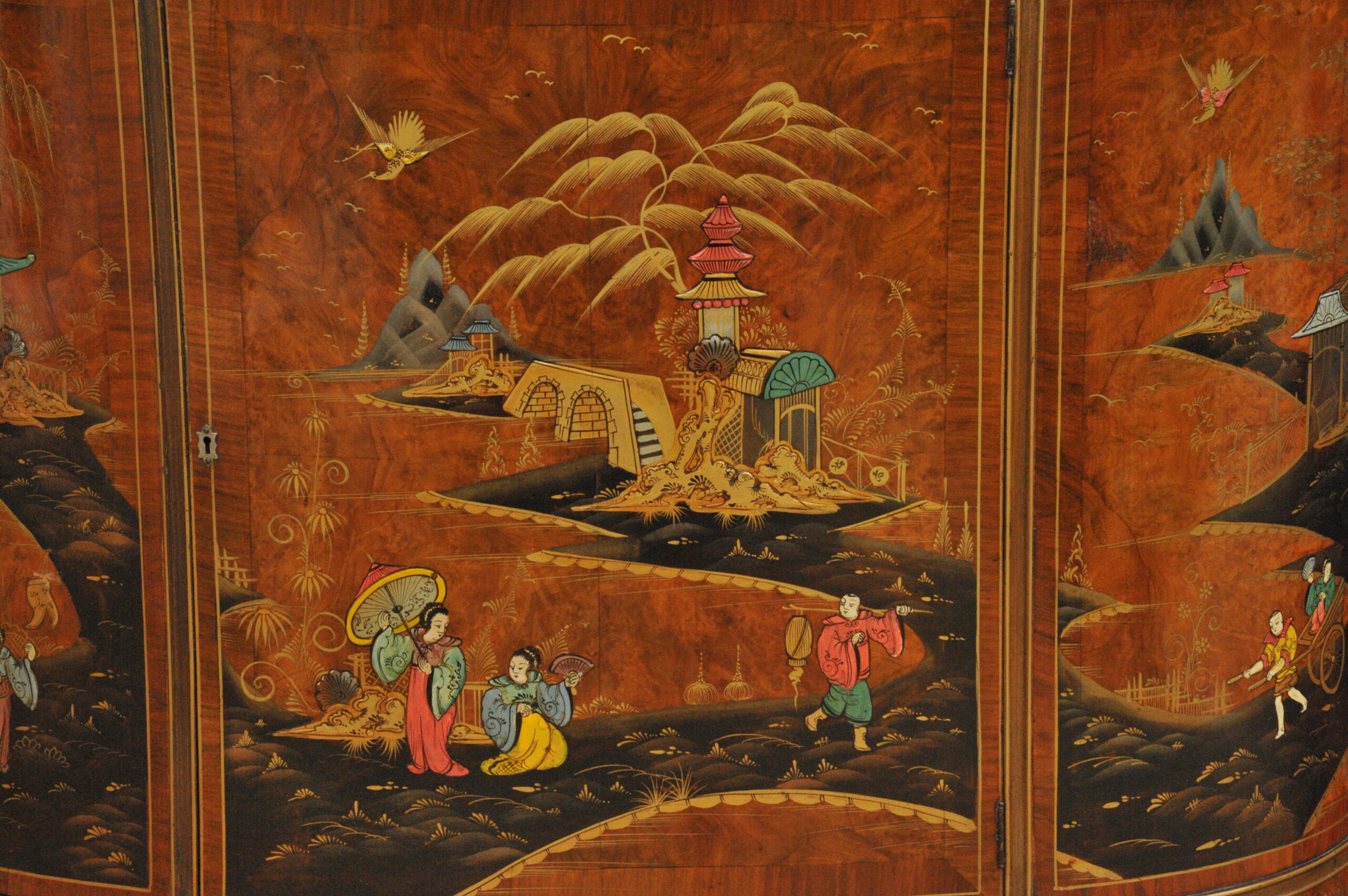 antique c.1910 chinoiserie demi lune cabinet hand painted gilt asian decor